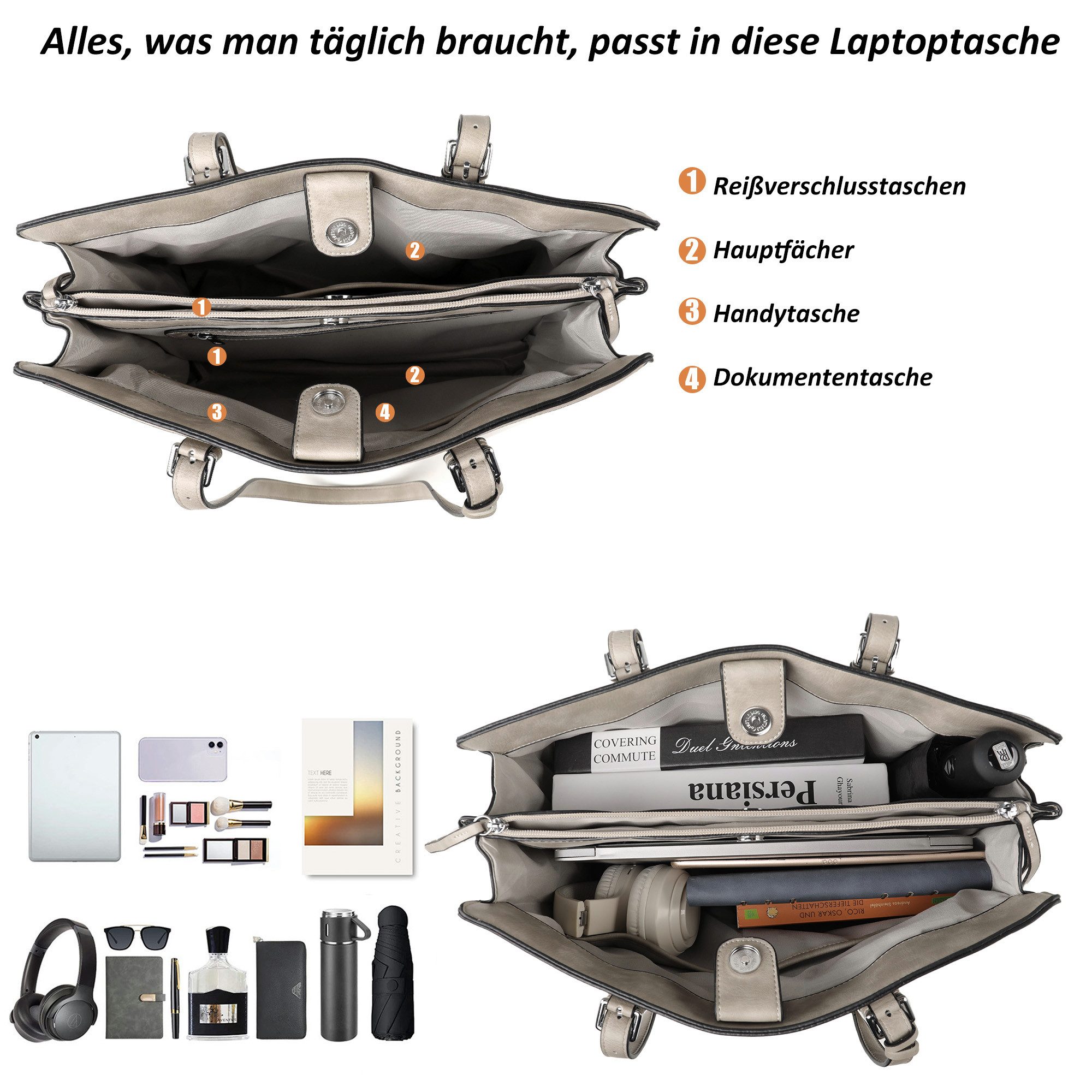TAN.TOMI Handtasche Große Business Handtasche Damen Leder Schultertasche Arbeit Schule, Bürotasche Damen 15.6 Zoll Notebookt mit 3 Fächern für Büro Schule