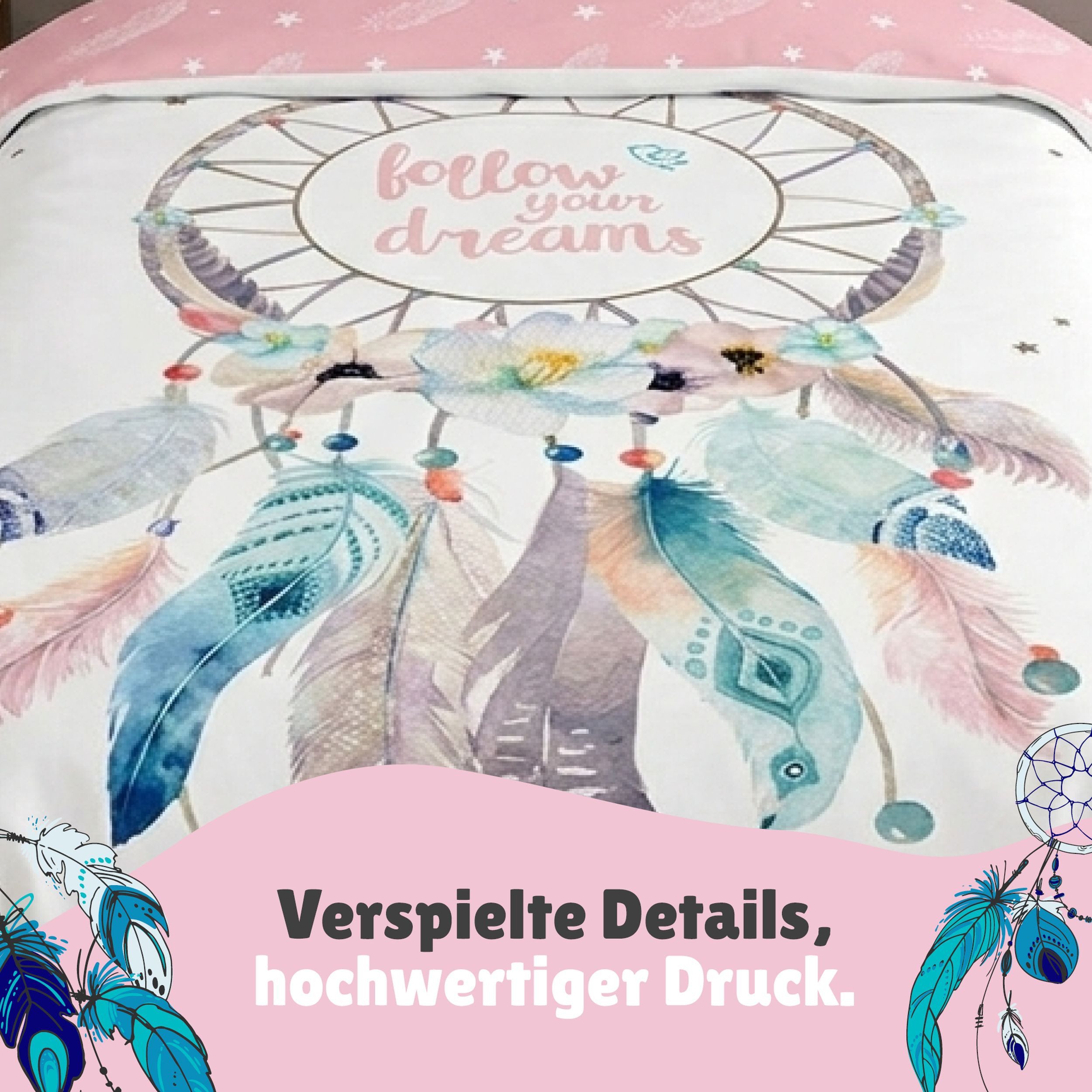 Familando Bettwäsche Dreamcatcher Traumfänger 135x200 80x80 cm Flanell mit Reißverschluss, Flanell, 2 teilig, für Kinder und Erwachsene im Bohemian Boho Style R – Bild 5 von 5