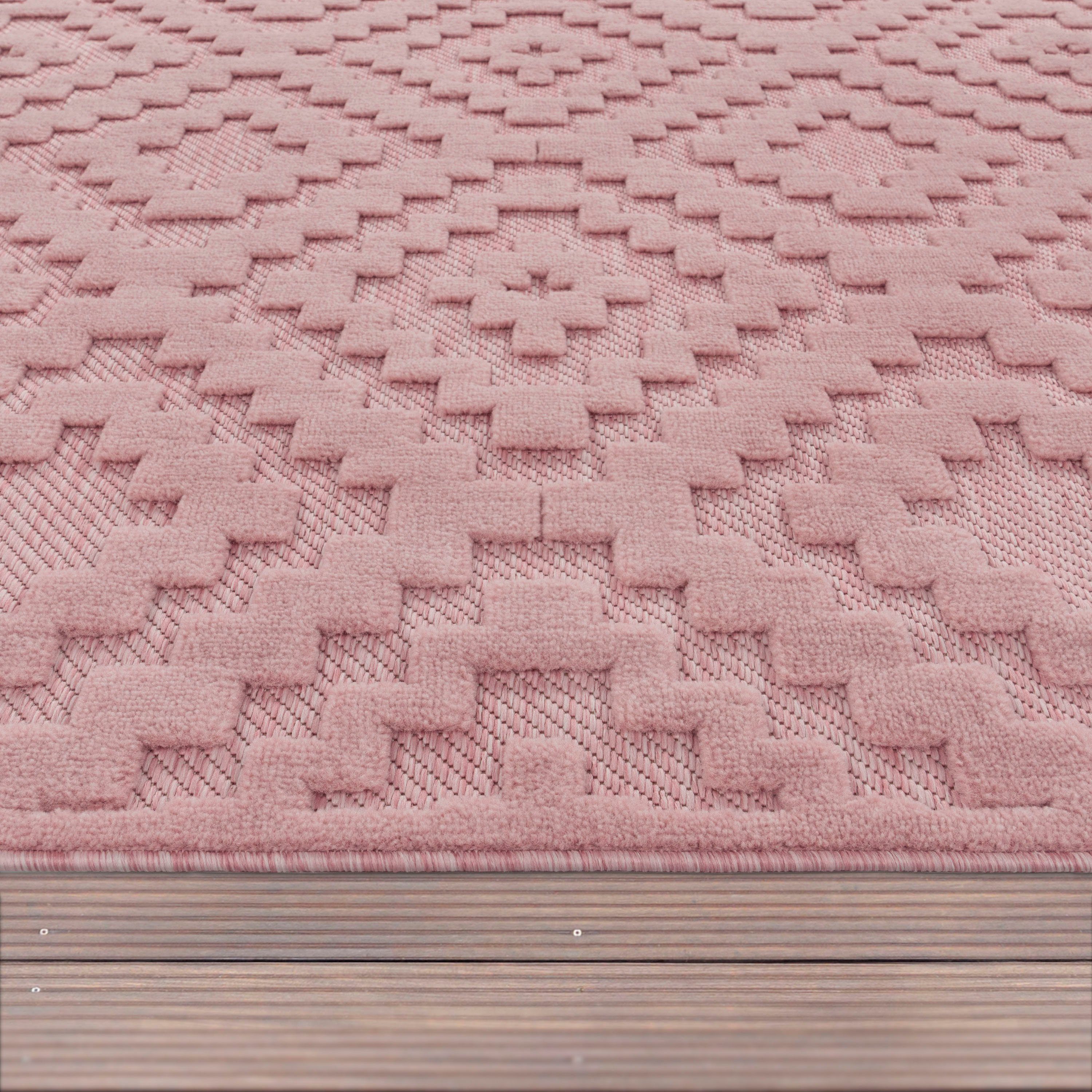 14 mm, 672, Livorno rechteckig, Outdoor Teppich Höhe: Muster, Scandi, Uni-Farben, pink Effekt, geeignet Rauten Hoch-Tief Home, Paco