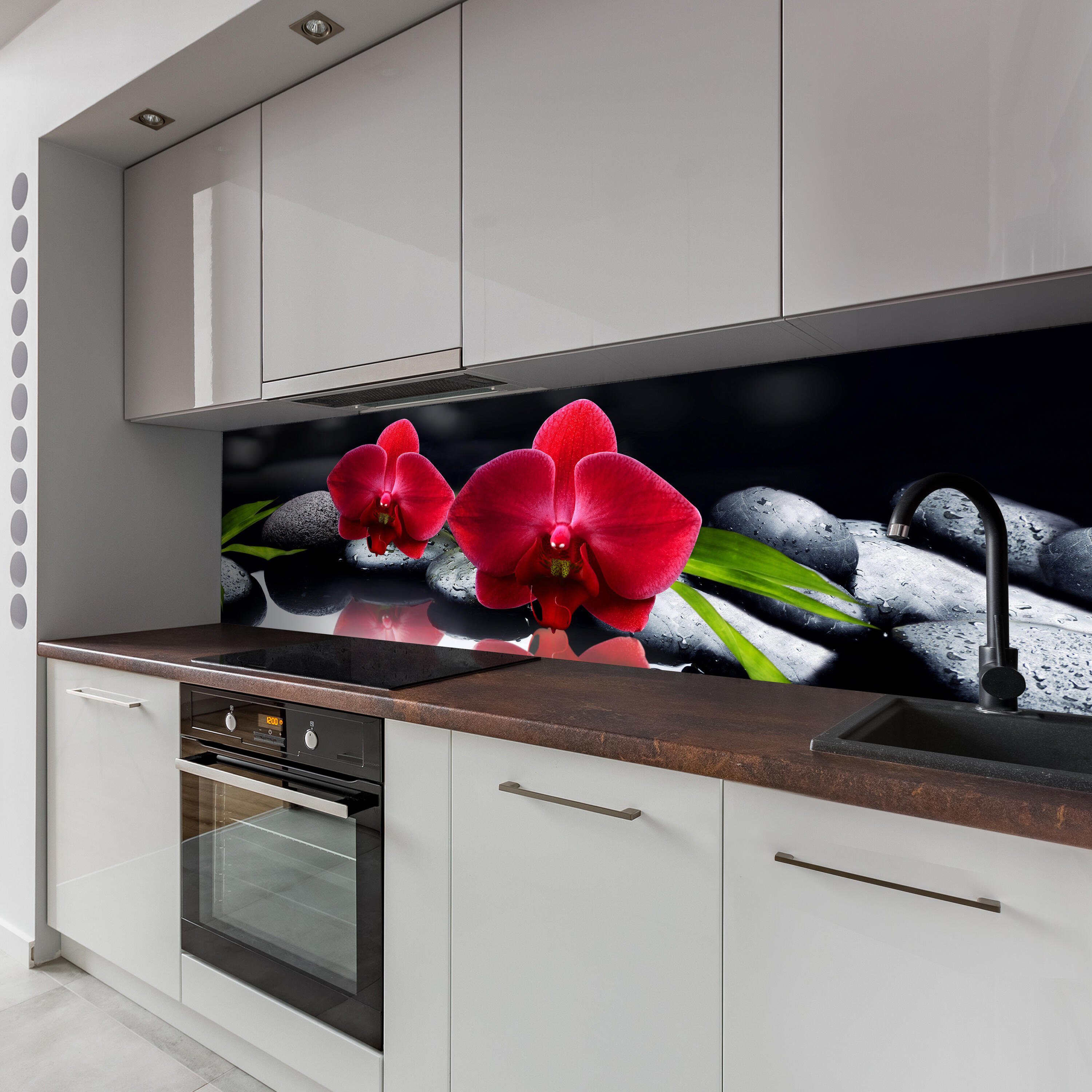 wandmotiv24 Küchenrückwand Orchidee in Premium (1-tlg), Hartschaum Nischenrückwand versch. tropfen schwarz rot Spie, Steine Größen