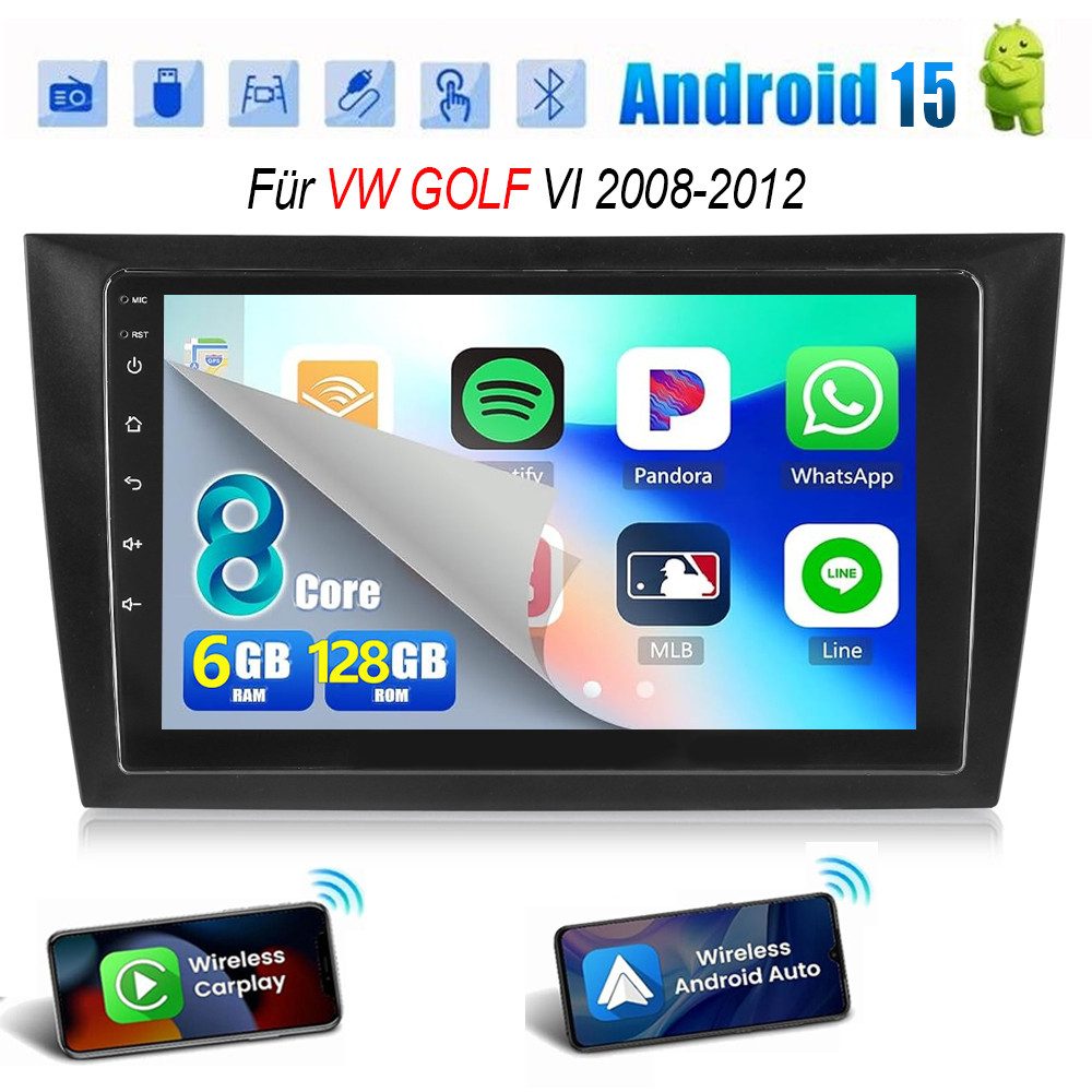 ESSGOO DAB+ Android 15 8 Core 6+128G Für VW Golf VI 08-12 Carplay RDS Autoradio (RDS, 6GB+128GB, 4G LTE, Digitalradio (DAB), FM, AM, SWC, Carplay Android Auto Bluetooth EQ USB GPS Navi DAB (optional)