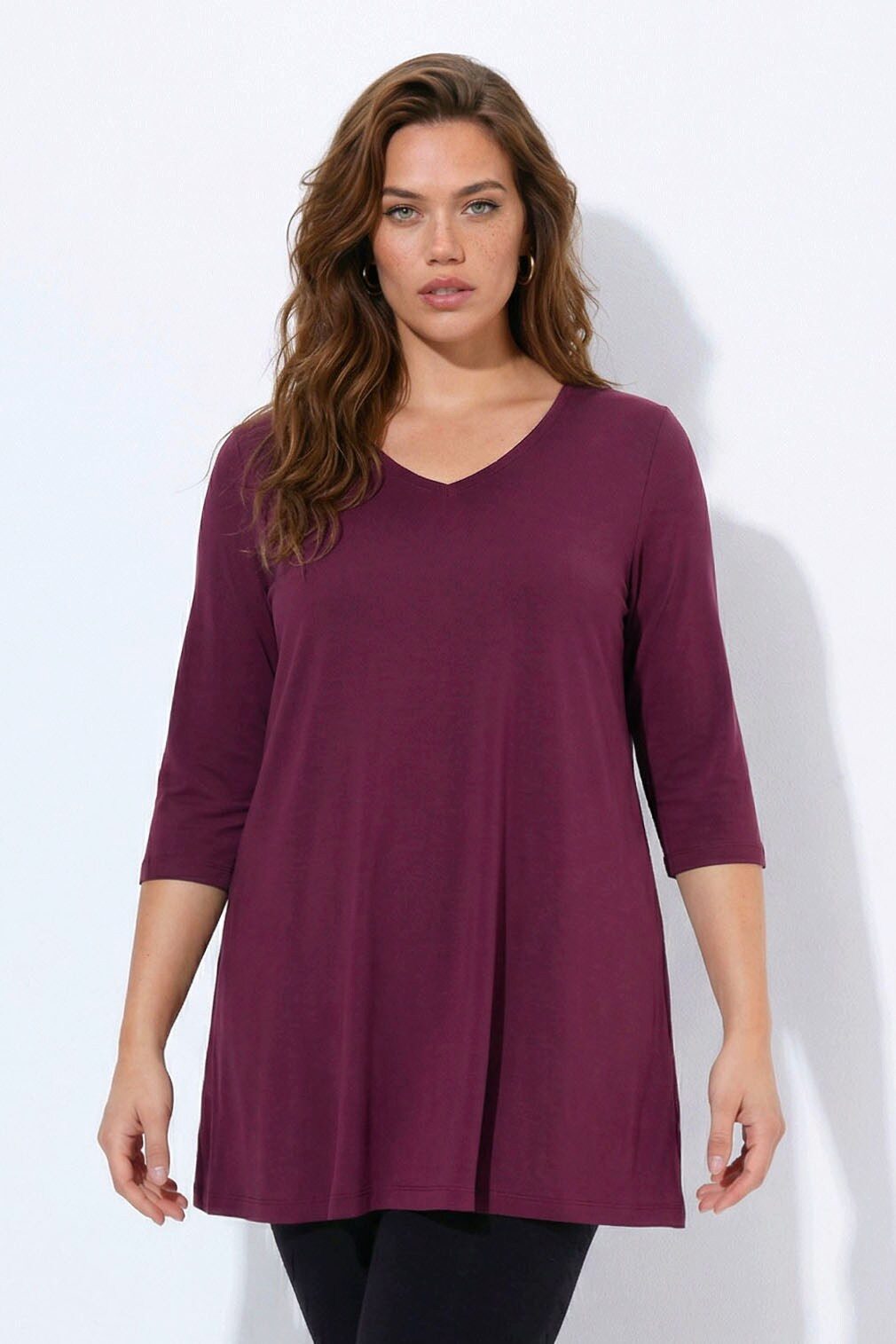 Ulla Popken Longshirt Longshirt A-Linie V-Ausschnitt 3/4-Arm