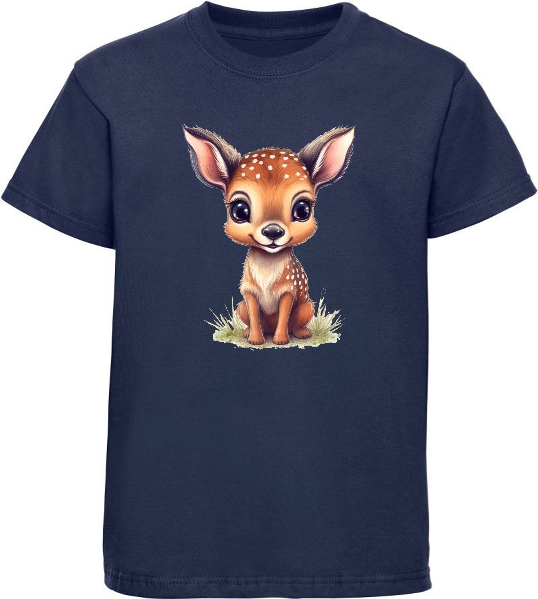 MyDesign24 T-Shirt Kinder Wildtier Print Shirt bedruckt - Baby Reh Rehkitz Baumwollshirt mit Aufdruck, i269 navy blau