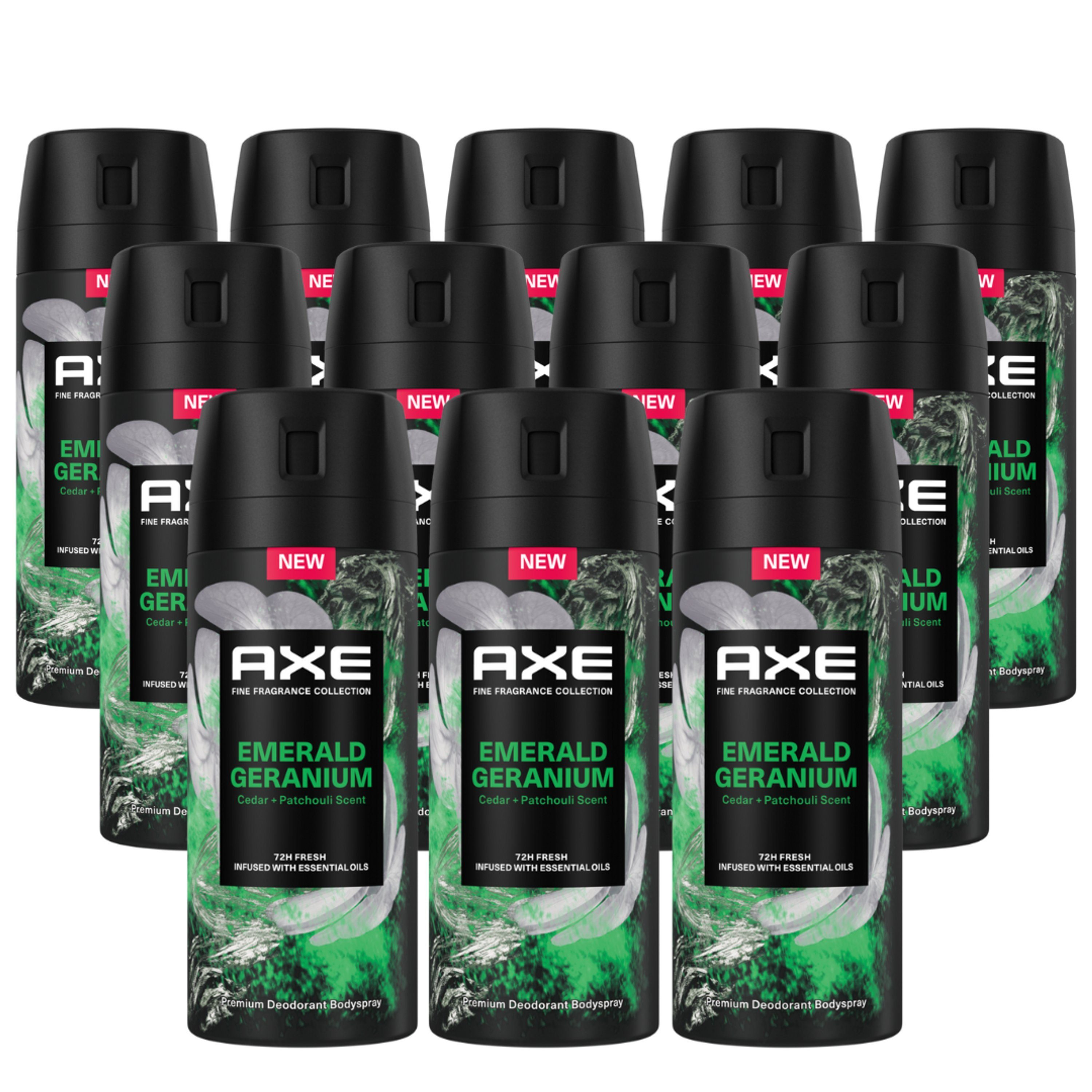 12x150ml Premium Bodyspray Deo-Set Emerald ohne Aluminiumsalze axe Geranium Deo