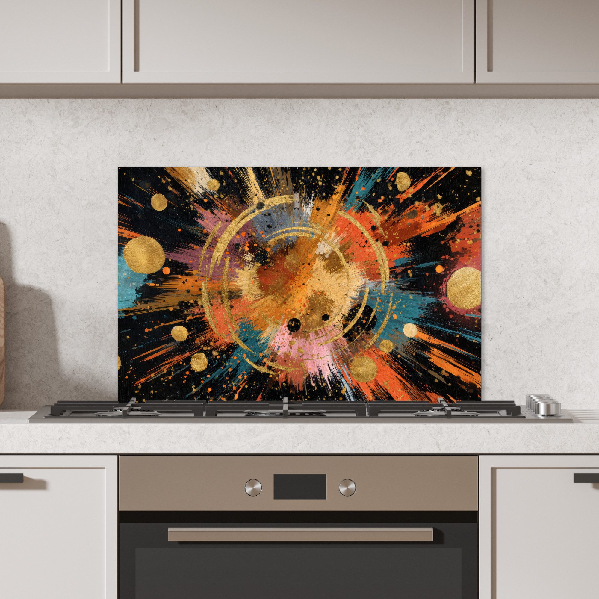KitchenYeah Küchenrückwand Explosion - Farbtextur - Gold - Abstrakt, (1-tlg), Spritzschutz Küche, Küchendeko, 60x40 cm