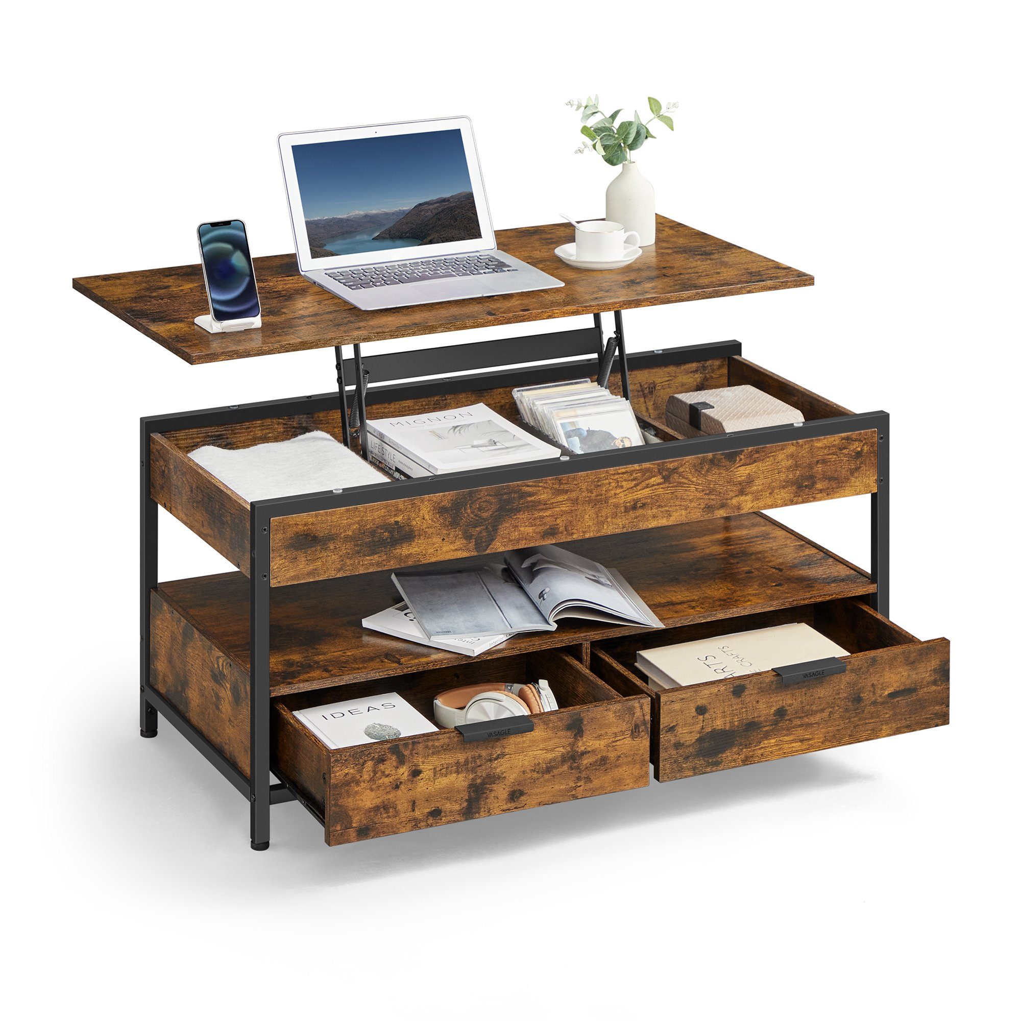 VASAGLE Couchtisch Wohnzimmertisch, offenes Fach, aufklappbar, mit Stauraum (für Home Office, inkl. Zubehörpaket & Anleitung), höhenverstellbar, mit Schubladen, Industrial, 50 x 100 x (48-63) cm