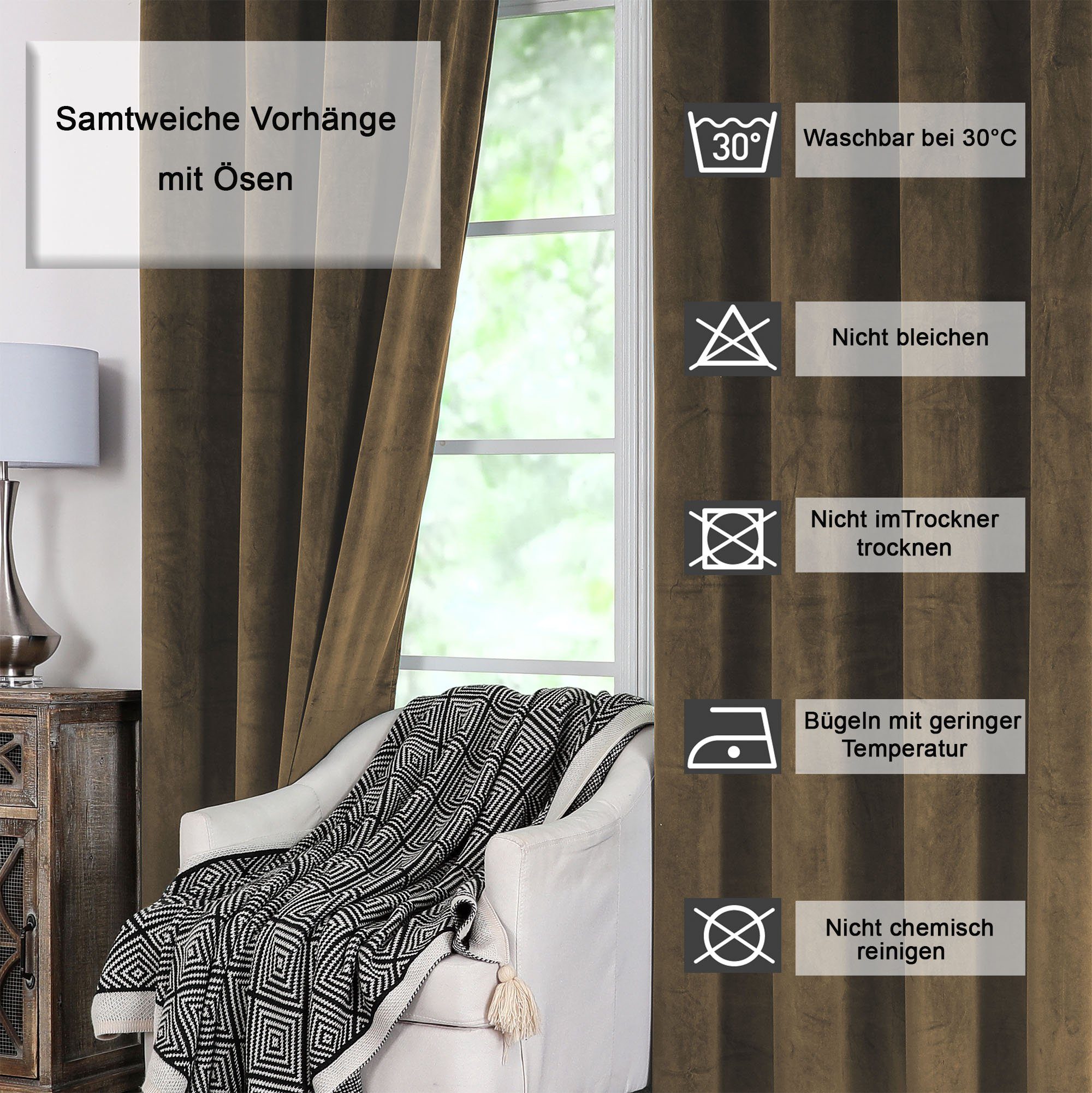 Gardine Vorhang 2er Set 140x245 und Ösen Deko, Polyester Braun St), weich cm Ösen Verdunkelung (2 Samt blickdicht, Haus