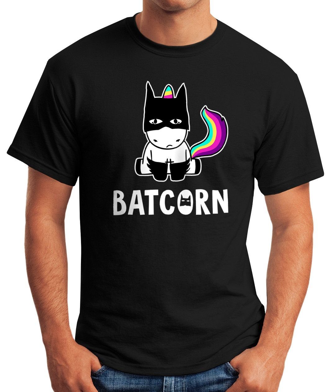 Print-Shirt Batcorn schwarz T-Shirt MoonWorks Einhorn-Shirt Unicorn Moonworks® Fun-Shirt mit Herren Unicorn Print cool Einhorn