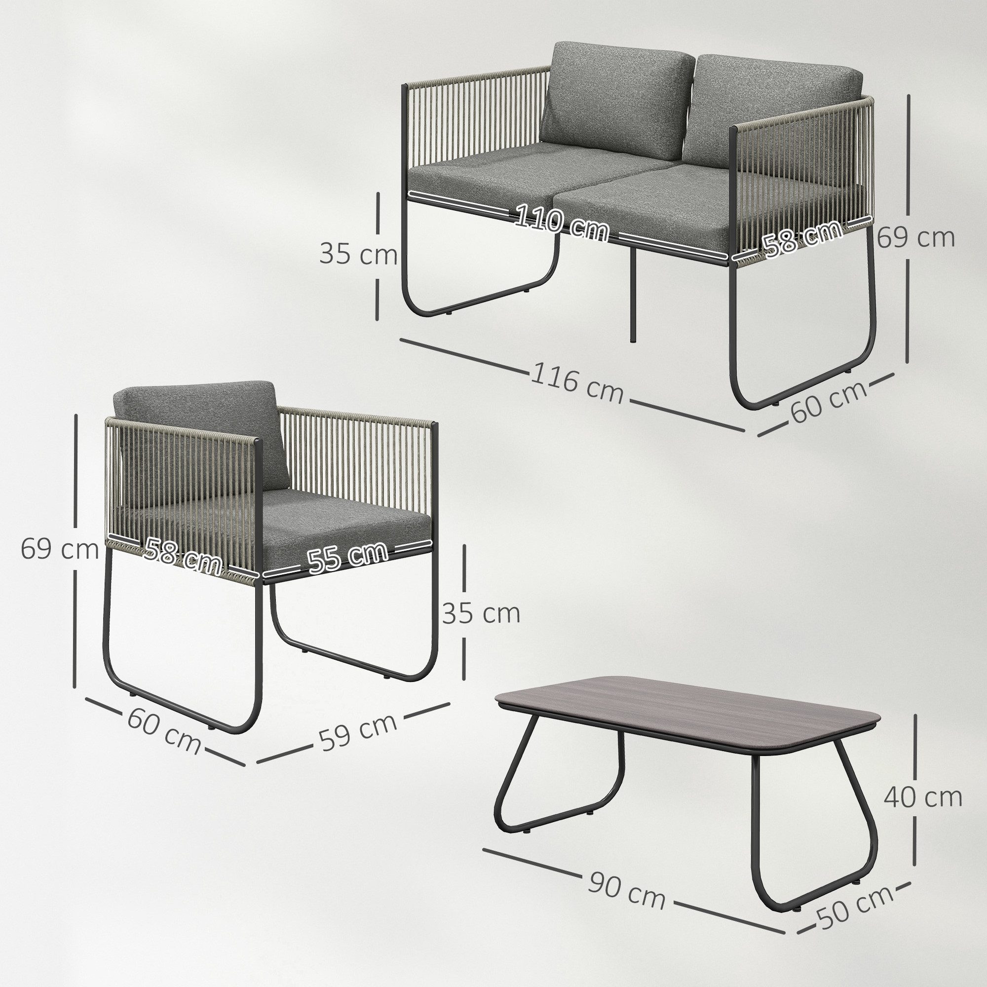 Outsunny Sitzgruppe mit 2er Sofa, Sessel, Tisch, Kissen, (wetterfest Lounge-Set für 4 Personen, 4-tlg., Gartenmöbel Set aus Polyrattan), für Garten Balkon Braun+Dunkelgrau