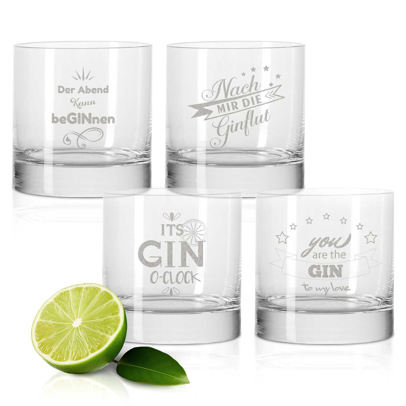 GRAVURZEILE Cocktailglas 4er Set GIN-Gläser - Nach mir die GINflut & Der Abend kann beGINnen, Glas, Montana Geschenk Set aus gravierten 4 Gin-Gläsern
