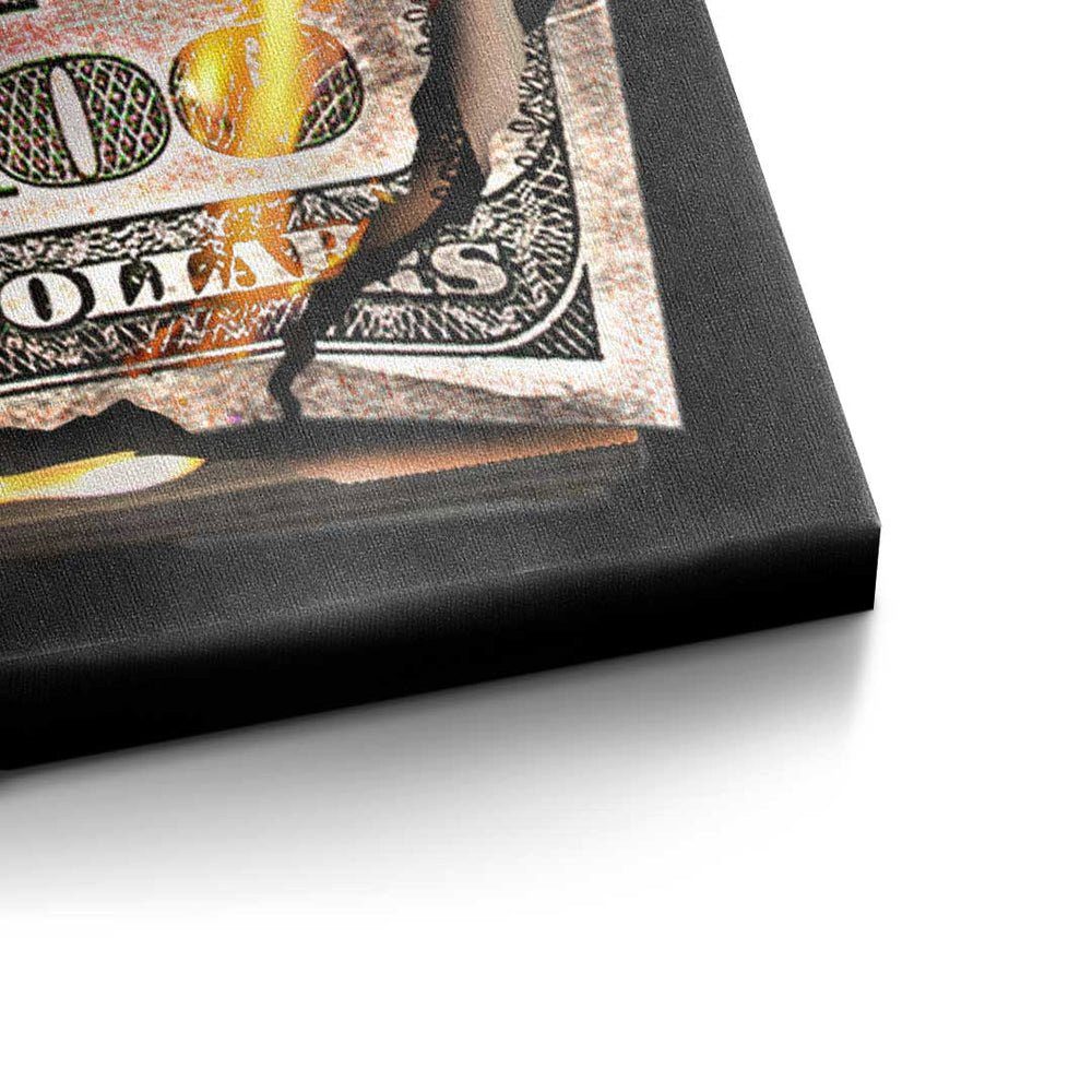 Moneymaker Burning DOTCOMCANVAS® Leinwandbild, Dolllar Rahmen - 100 Premium Wandbild- Bill weißer