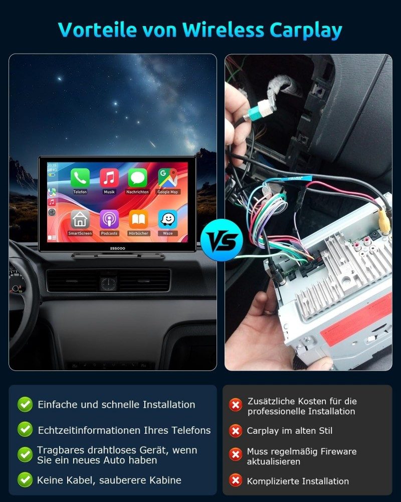 ESSGOO CarPlay Android Auto Autoradio IPS Touchscreen Tragbares Drahtloses Navigationsgerät (Touchscreen GPS Navi Tragbar Autoradio Bluetooth Rückfahrkamera)