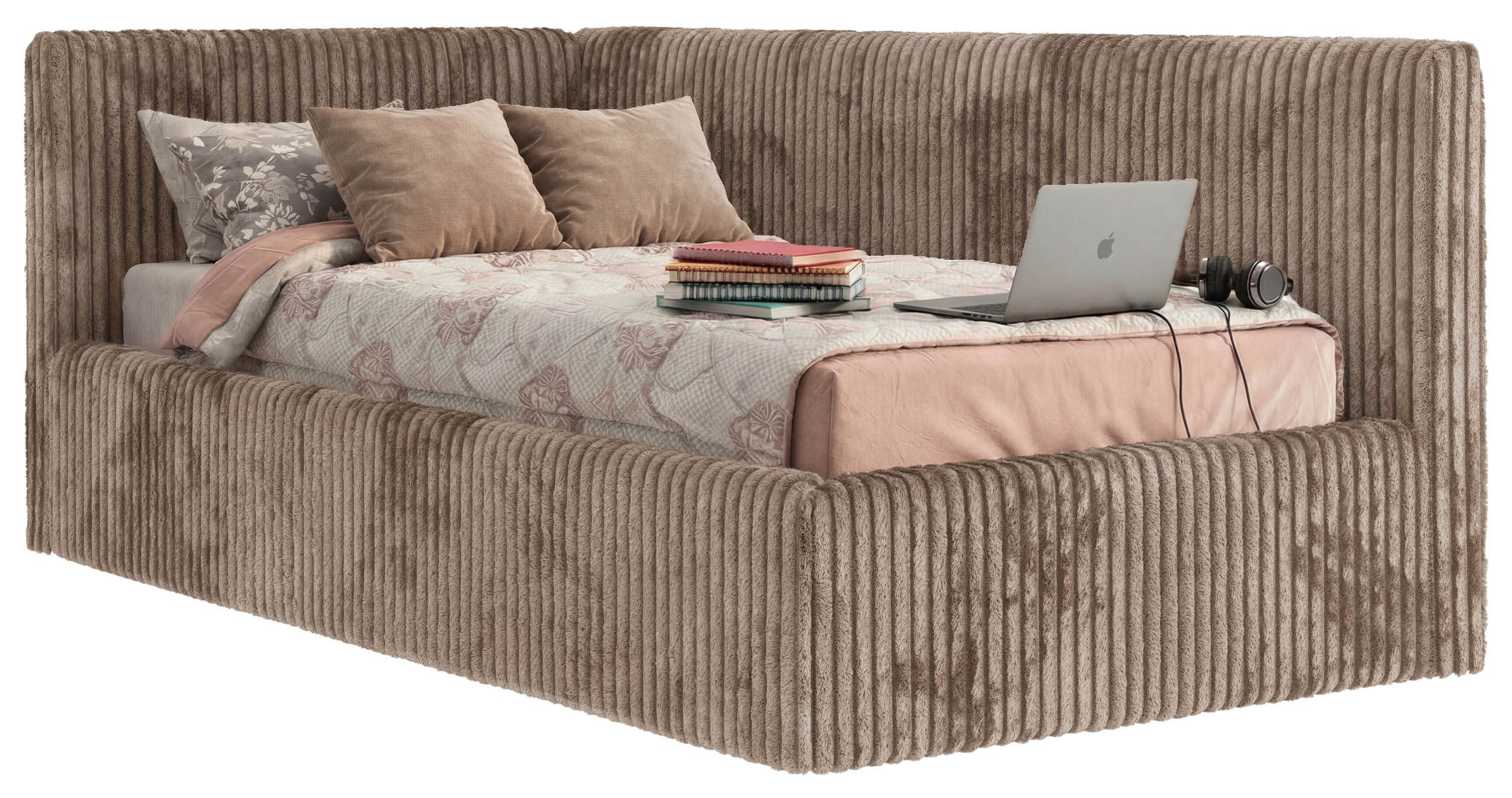 MKS MÖBEL Jugendbett TILVO (Set, Cordstoff Bett, inkl. Lattenrost, Bettkasten, gepolsteres Kopfteil), Eckbett mit Stauraum & Gasdruckfedern