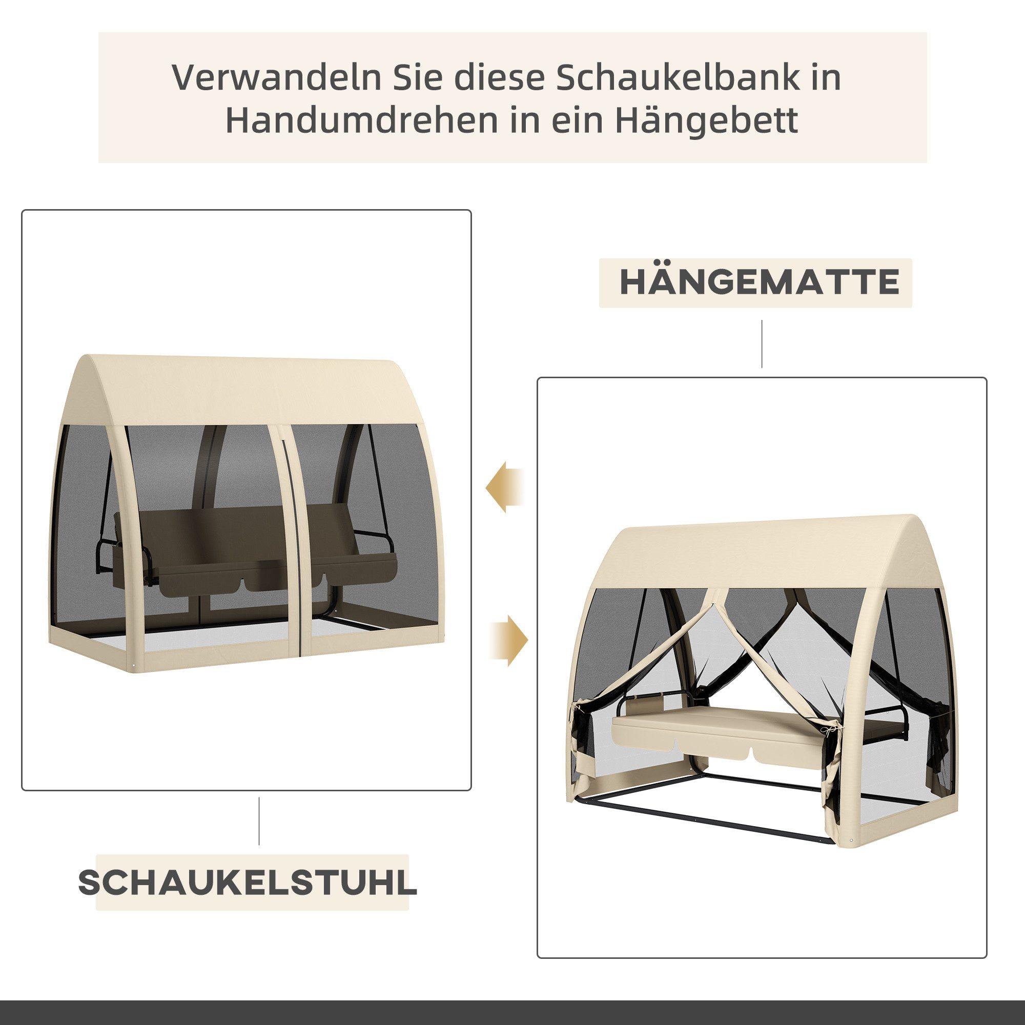 CHICFURN Hollywoodschaukel 2-in-1 Gartenschaukel 3-Sitzer mit Liegefunktion und Baldachin, 3,00-Sitzer, Packung, 1 tlg., Mit Mückennetz, belastbar bis 300 kg, Kaffee, 240 x 140 x 197 cm