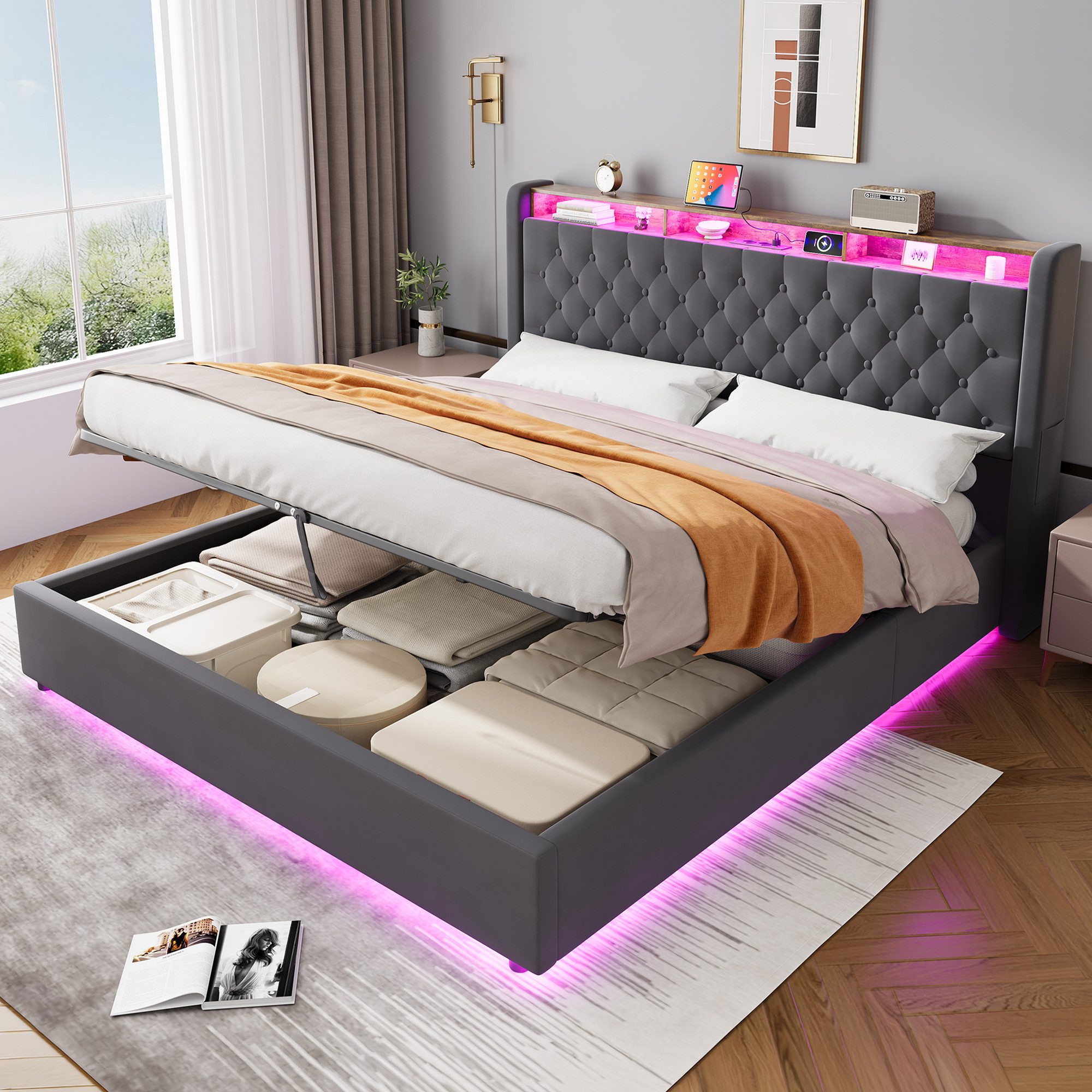 MODFU Polsterbett Mit Stauraum,LED-Beleuchtung und USB-Anschlüssen (Funktionsbett, 1-tlg., Stabiler Metallrahmen, inkl. Lattenrost, ohne Matratze), 180x200 cm, Hollandvelours, Kopfteil-Ablage