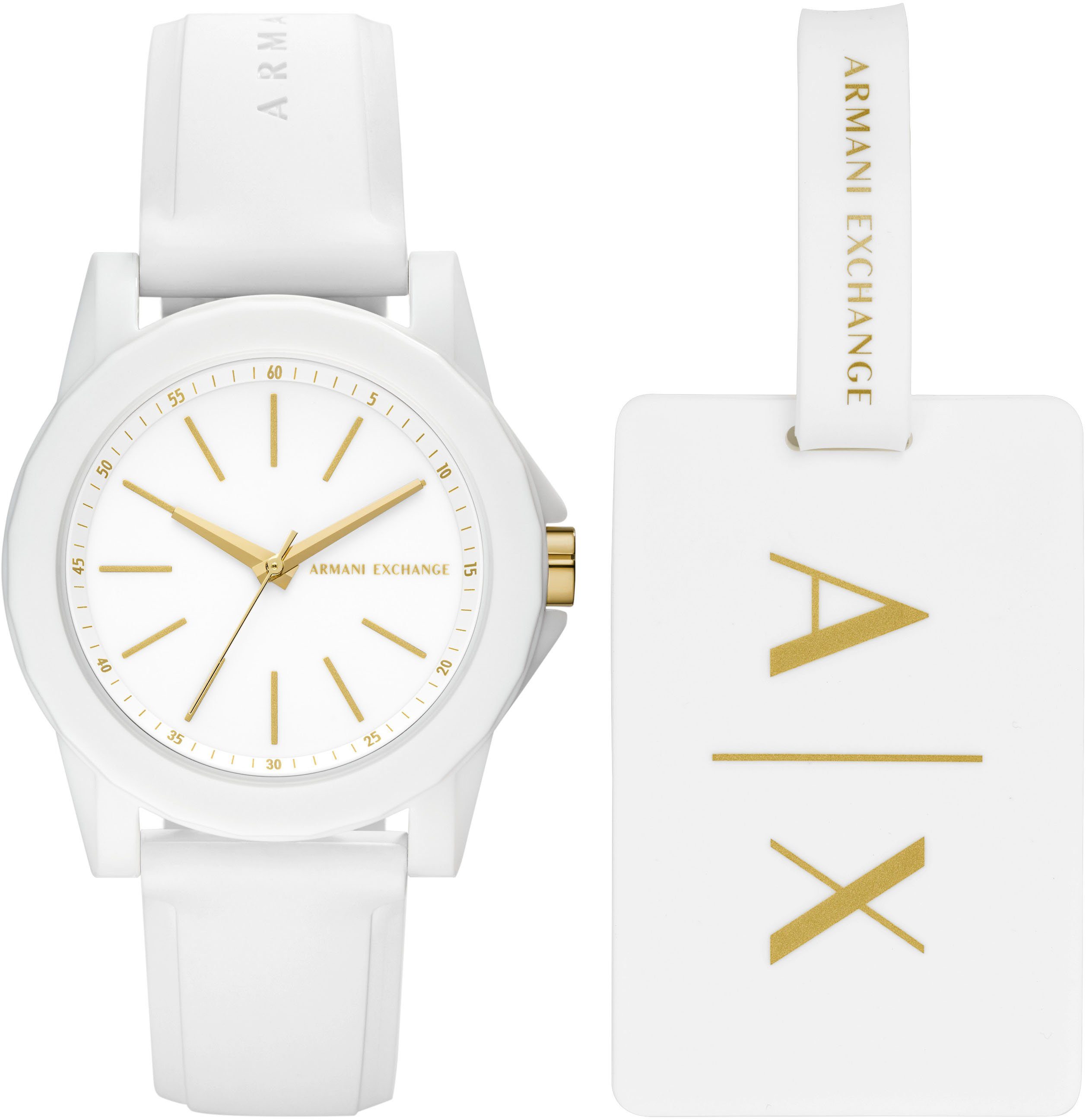 ARMANI EXCHANGE Quarzuhr AX7126, (Set, 2-tlg., mit Kofferanhänger), Armband günstig online kaufen