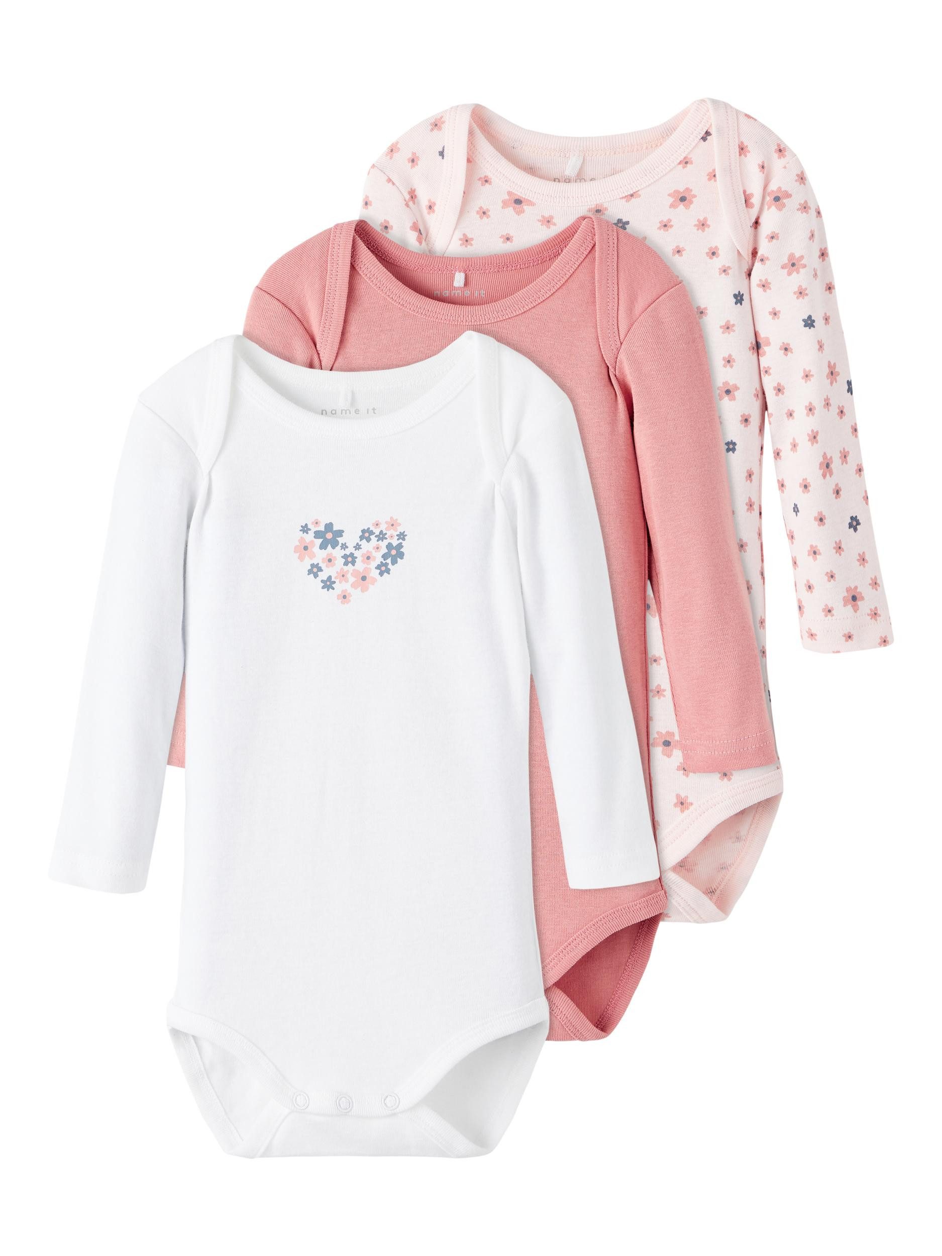 Name It Langarmbody Mädchen Baby Bodys 3er Pack Herz Motiv Rosette-98 (3-tlg., 3er-Pack)