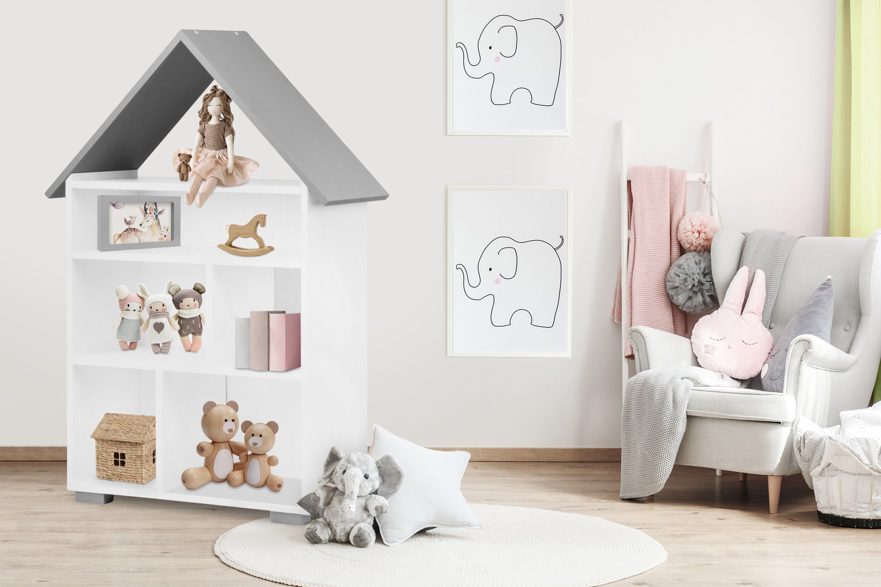 KONSIMO® Standregal PABIS Kinderregal Bücherregal Hausform, geräumig, in Pastellfarben, ABS-Kanten