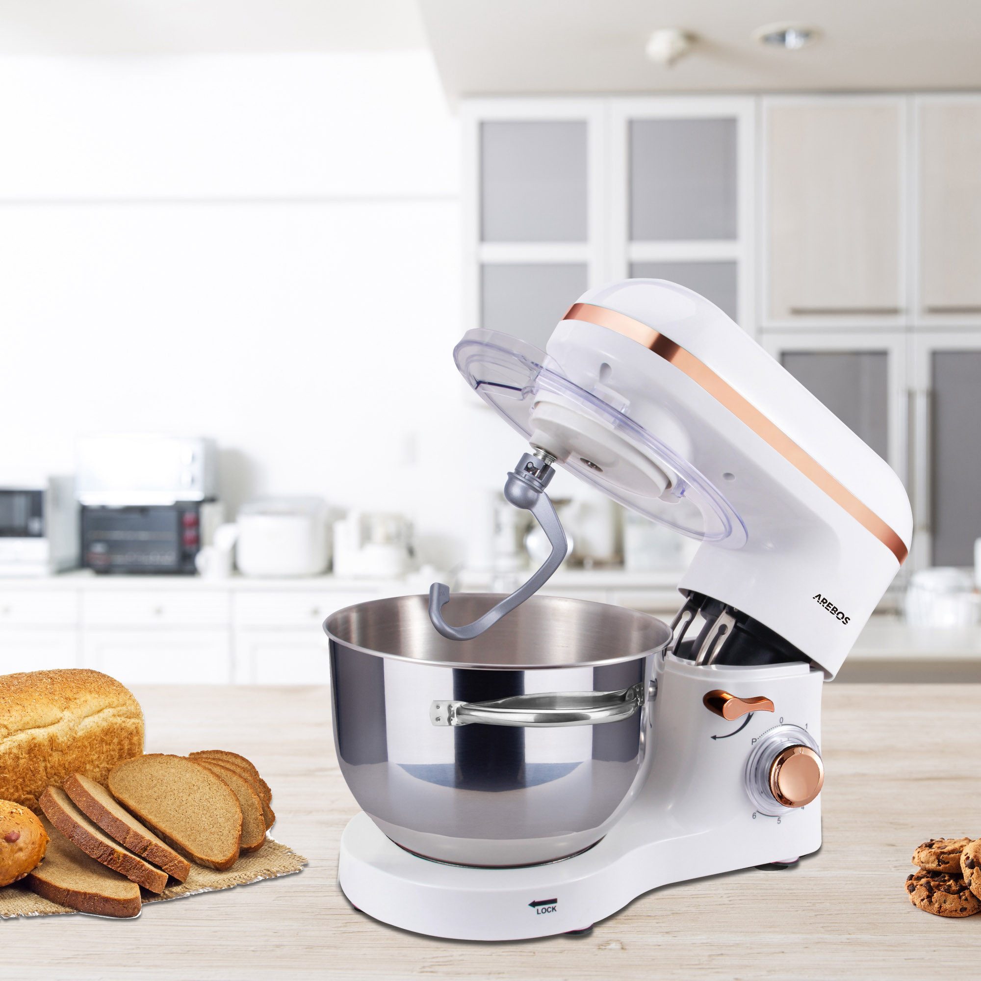 Arebos Küchenmaschine 6L Edelstahl-Rührschüssel, 1500 W, inkl. Rührhaken, Knethaken, Schneebesen, Spritzschutz