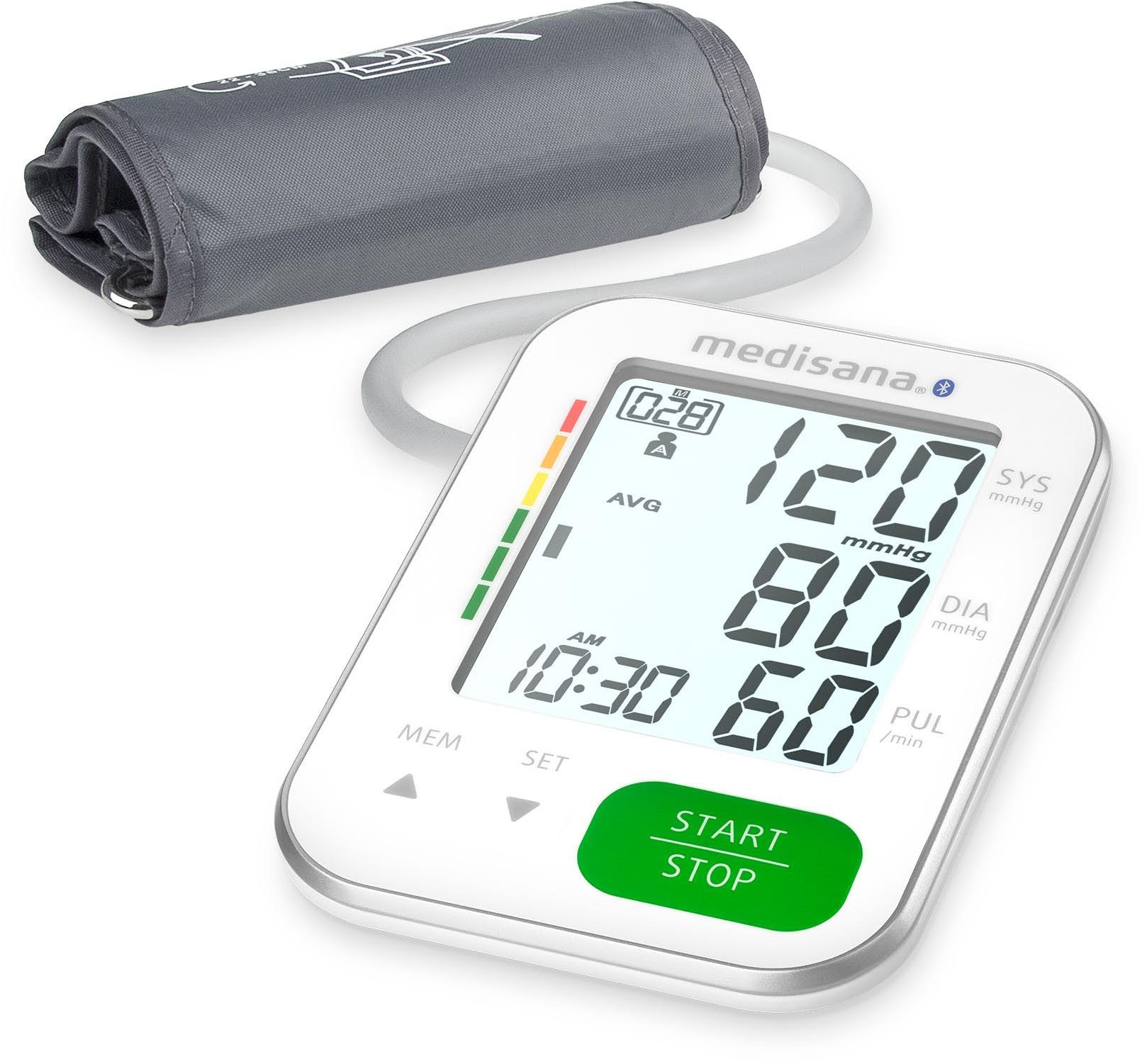 Medisana Oberarm-Blutdruckmessgerät BU 572 connect, Je 199 Speicherungen für 2 Benutzer, zert. Medizinprodukt, Farbskala
