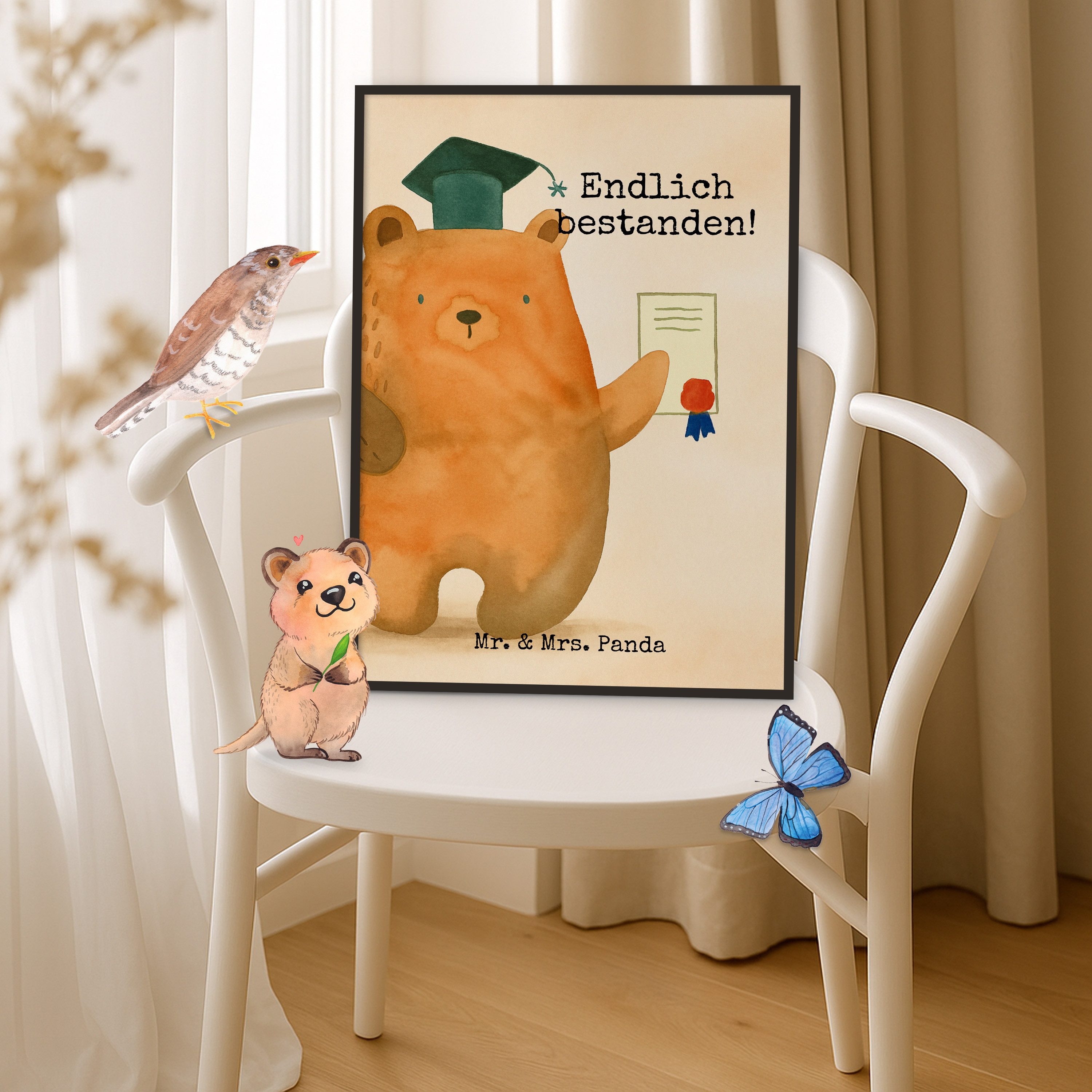 Mr. & Mrs. Panda Poster Bär Prüfung Design, Bild DIN A5, Weiß, für Wand, Prüfungen, Zeugnis, Prüfungsbär (Packung, 1 St)