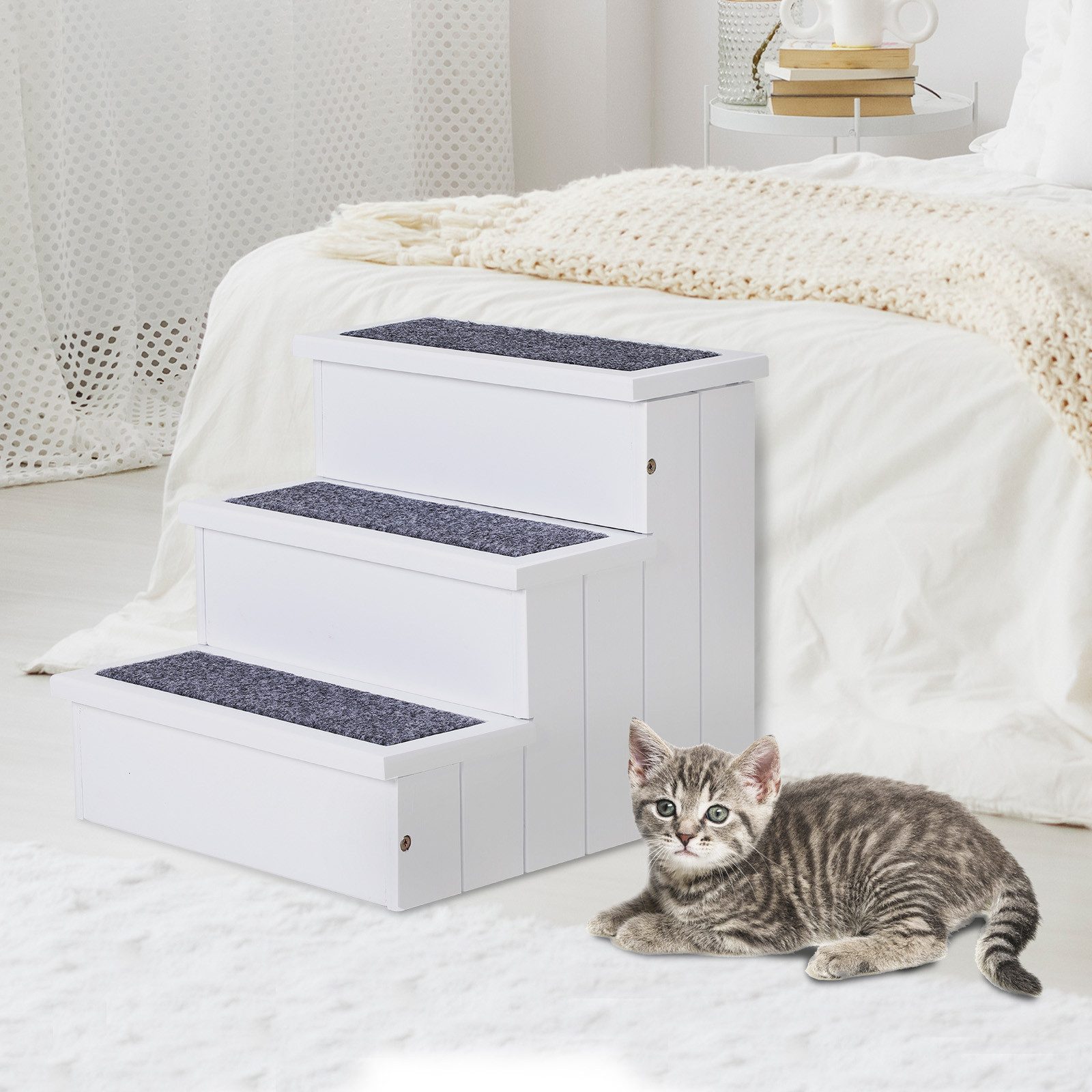 PawHut Haustiertreppe Hundetreppe 3 Stufen Katzentreppe für Bett, Sofa, Couch (Haustierleiter, 1-St., Einstiegshilfe mit Teppich), Tannenholz Weiß 40,5 x 44,5 x 38 cm