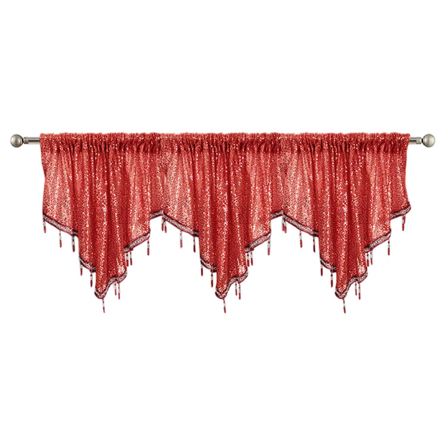 Refttenw Scheibengardine Volant Vorhang,Paillettenvolant mit Quasten,130 x 60 cm,3 Stück, halbtransparent Voile Kuvertstore