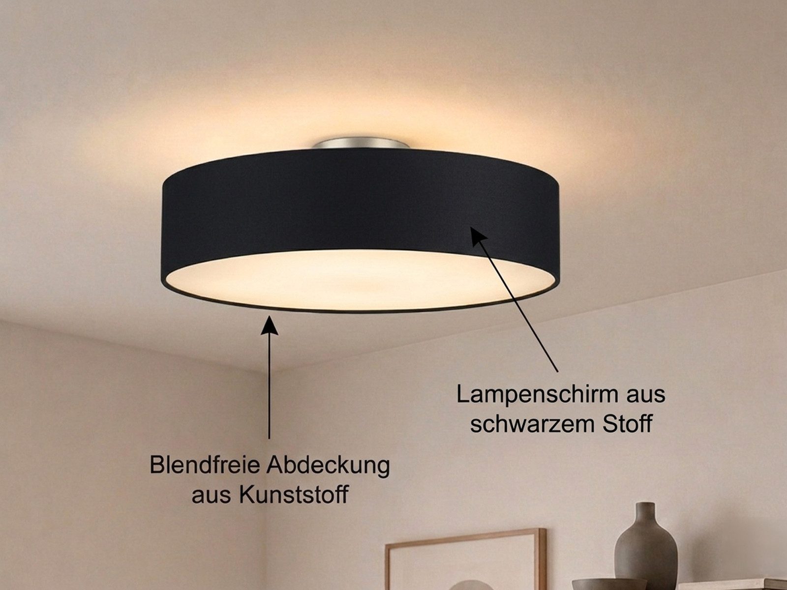 meineWunschleuchte Deckenleuchte mit Stoff Lampenschirm Schwarz Ø 60cm, ohne Leuchtmittel, große Stoff-Lampe, gemütliche Deckenlampe, E14 Schlafzimmerlampe