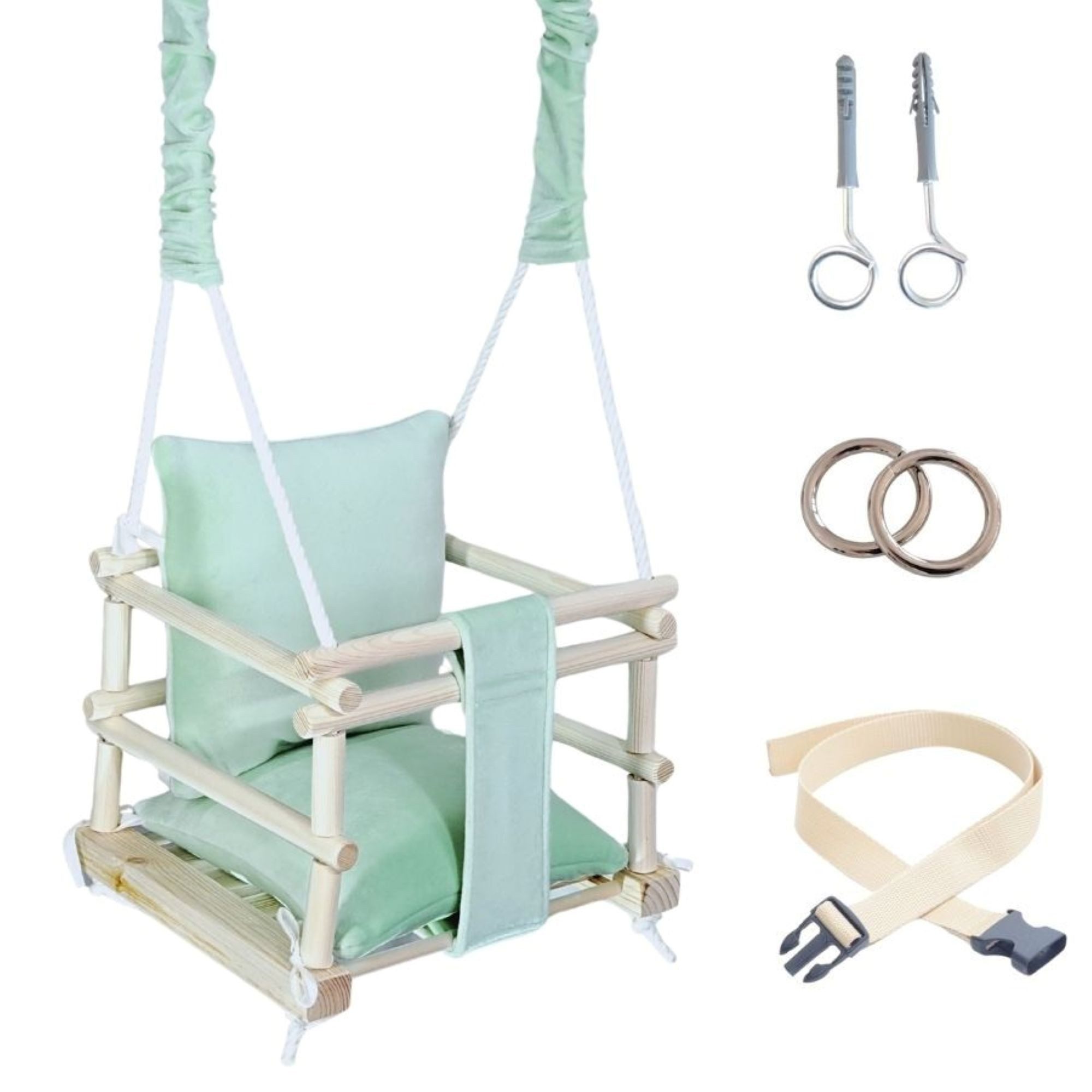 LuMali Babyschaukel Babyschaukel 3in1 Holz Sicherheitsgurt drinnen draußen 34x34x28cm, Kinderschaukel Naturholz Kiefer weich verstellbar 6-36 Monate