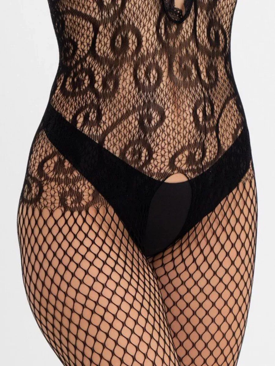 Elegant Love Bodystocking-Ouvert Netz-Bodystrumpf mit offenem Schritt – figurbetontes Dessous Damen Catsuit aus Mesh – stilvolle Reizwäsche, Größen S–XL