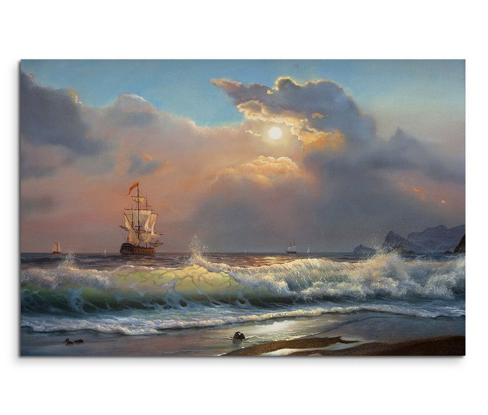 Sinus Art Leinwandbild 120x80cm Wandbild Ölgemälde Strand Meer Wellen  Segelboot Wolken