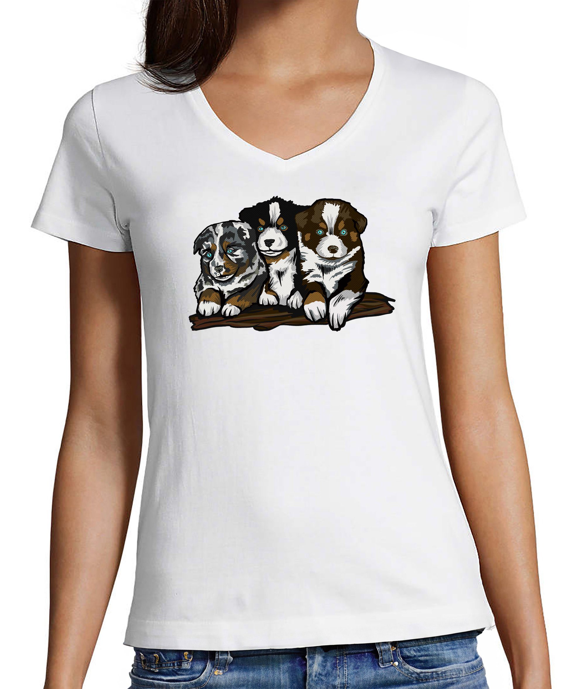 T-Shirt Damen Hunde Print Shirt - Drei Hundewelpen