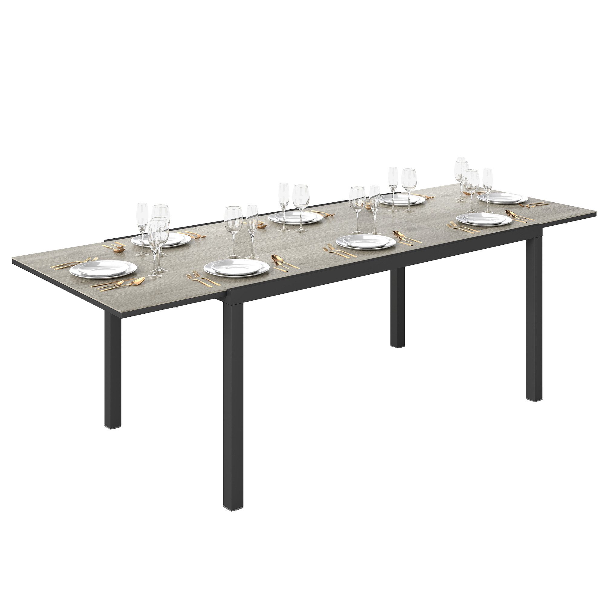 Outsunny Gartentisch für 6-8 Personen, mit Holzoptik, wetterfest (Balkontisch aus Aluminium, 1-St., ausziehbarer Esstisch), 160,240 x 90cm, für Garten, Terrasse, Balkon, Grau
