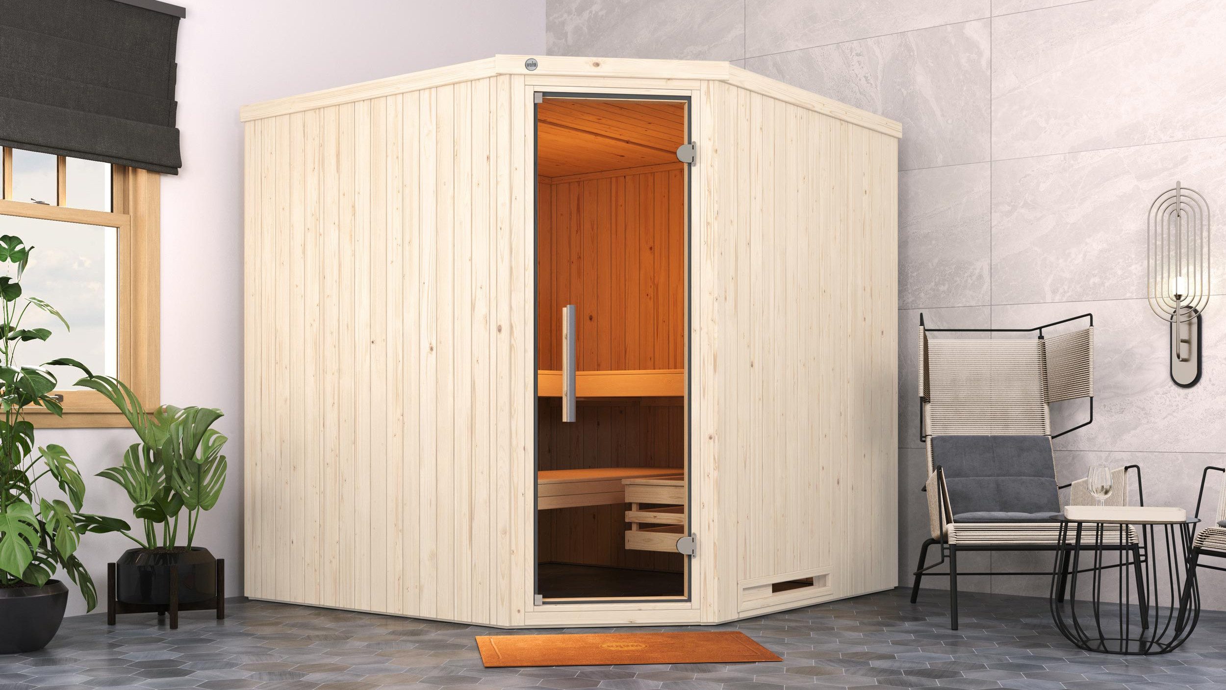 weka Sauna Element-Ecksauna VARBERG 3, BxTxH: 194 x 144 x 199 cm, 38 mm, vorgefertigte Elemente, moderne Ganzglastür