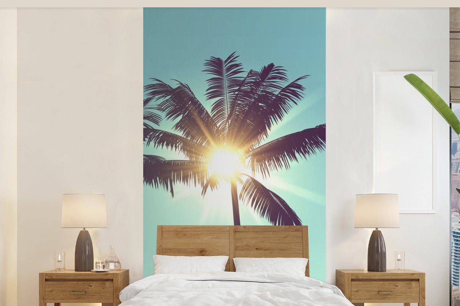 MuchoWow Fototapete Palmen - Sommer - Sonne, Matt, bedruckt, (2 St), Vliestapete für Wohnzimmer Schlafzimmer Küche, Fototapete
