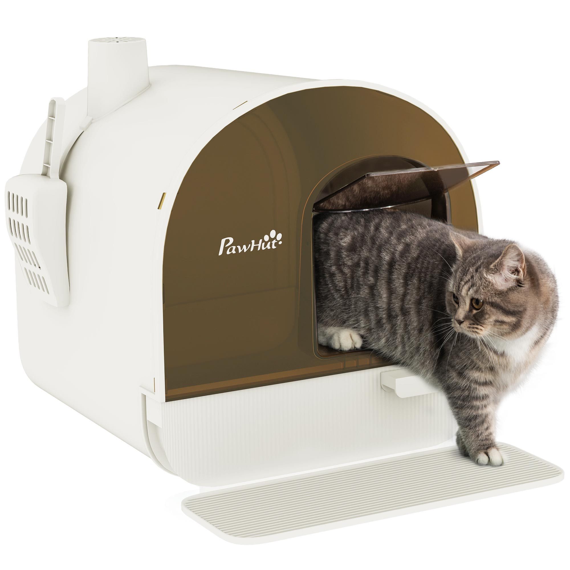 PawHut Katzentoilette Streuschaufel, Streufangmatte mit Deckel, für Wohnzimmer, Weiß