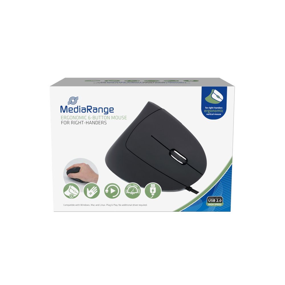 Mediarange ergonomische Maus optisch mit Kabel 6 Tasten 2400 dpi schwarz MROS230 Maus