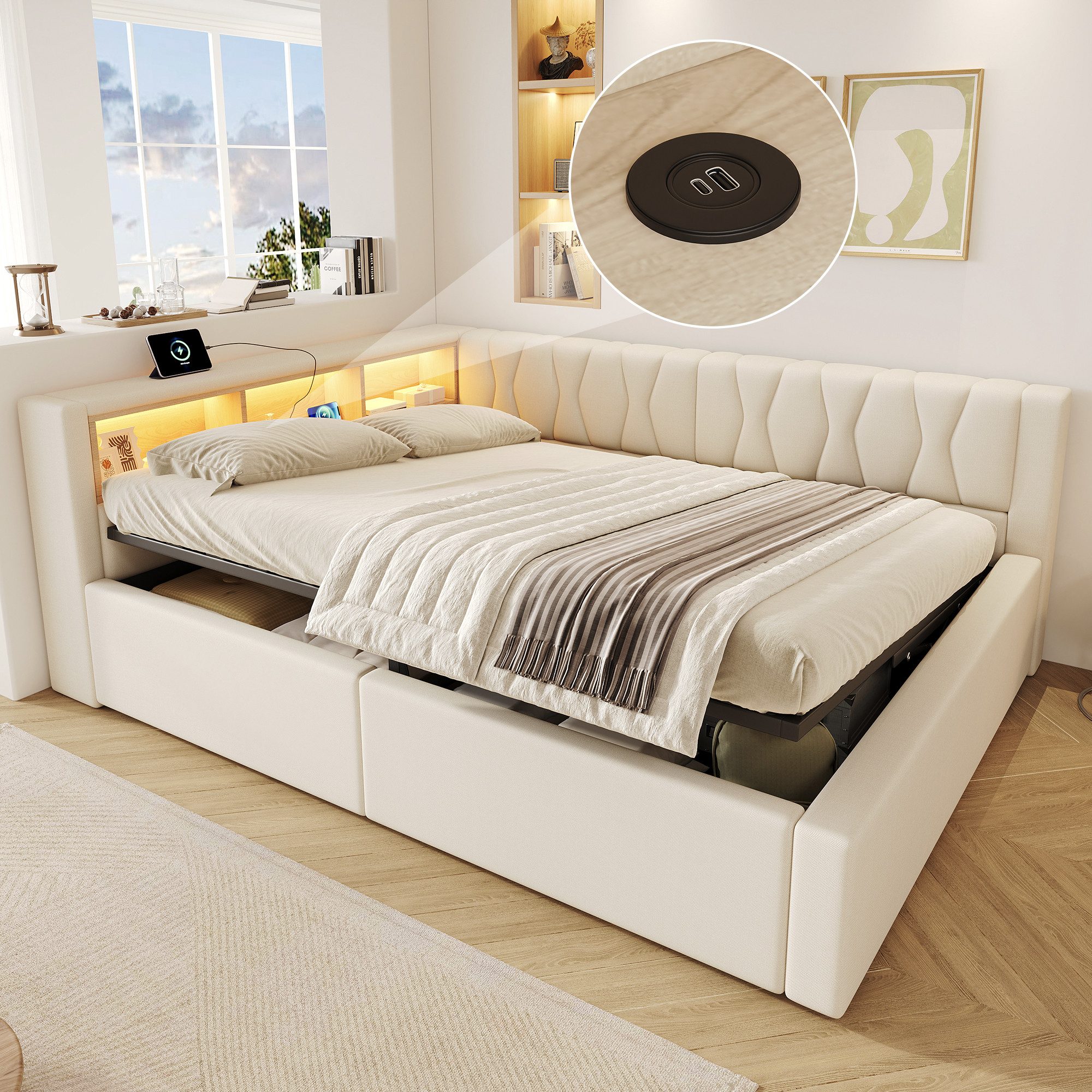 Merax Daybett mit LED-Beleuchtung, Schlafsofa Polsterbett mit hydraulischem Stauraum (1 tlg), Tagesbett 140x200cm mit Seitenregalen und USB-Anschluss, Leinenbezug