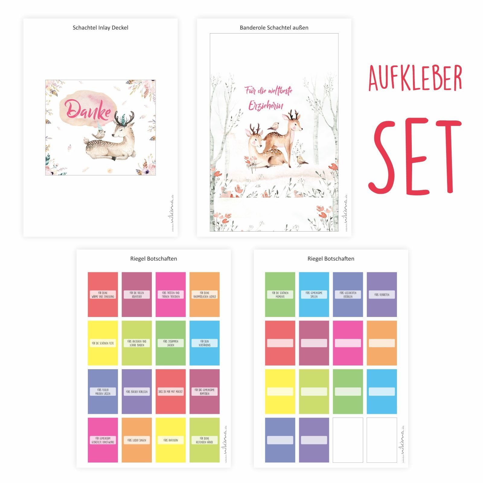 nikima Packpapier AUFKLEBER SET - Merci Danke Reh Abschiedsgeschenk Kita Erzieher
