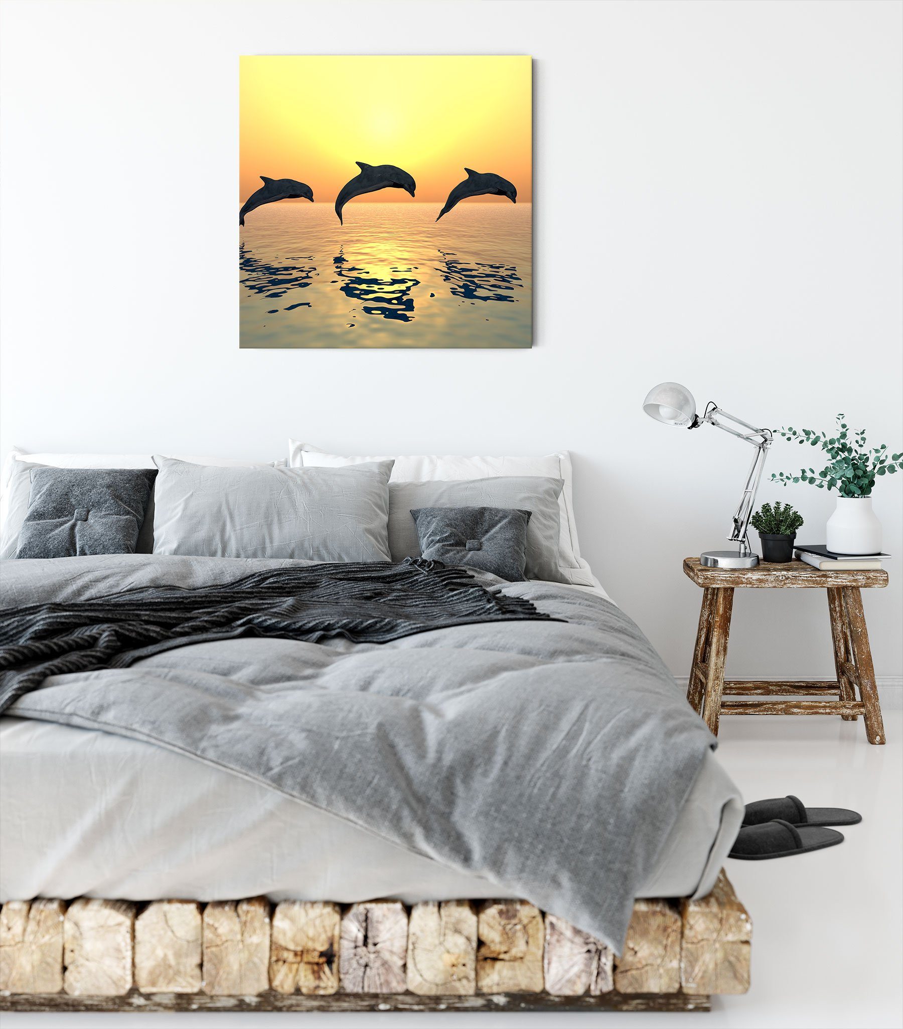 Pixxprint Leinwandbild Delfine im Sonnenuntergang, Zackenaufhänger Sonnenuntergang bespannt, Delfine fertig St), inkl. Leinwandbild im (1