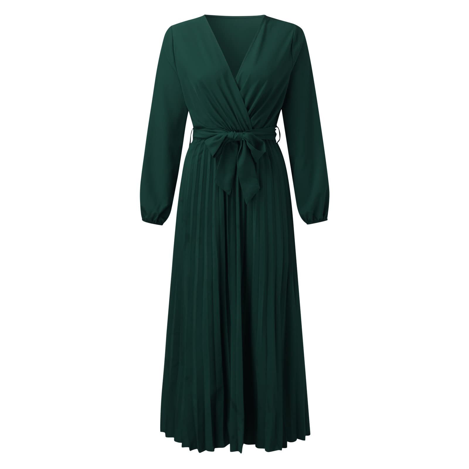 B.X A-Linien-Kleid Damen Boho Sommerkleid, langärmelig, V-Ausschnitt Langes kleid  festlich, lässig Gürtel inklusive