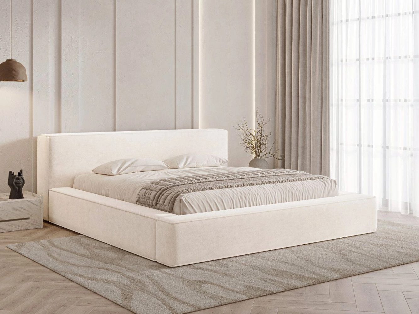 GrainGold Polsterbett mit Bettkästen MALI, Modern Bett mit Kopfteil - 140x200 cm, Creme (1x Bett)