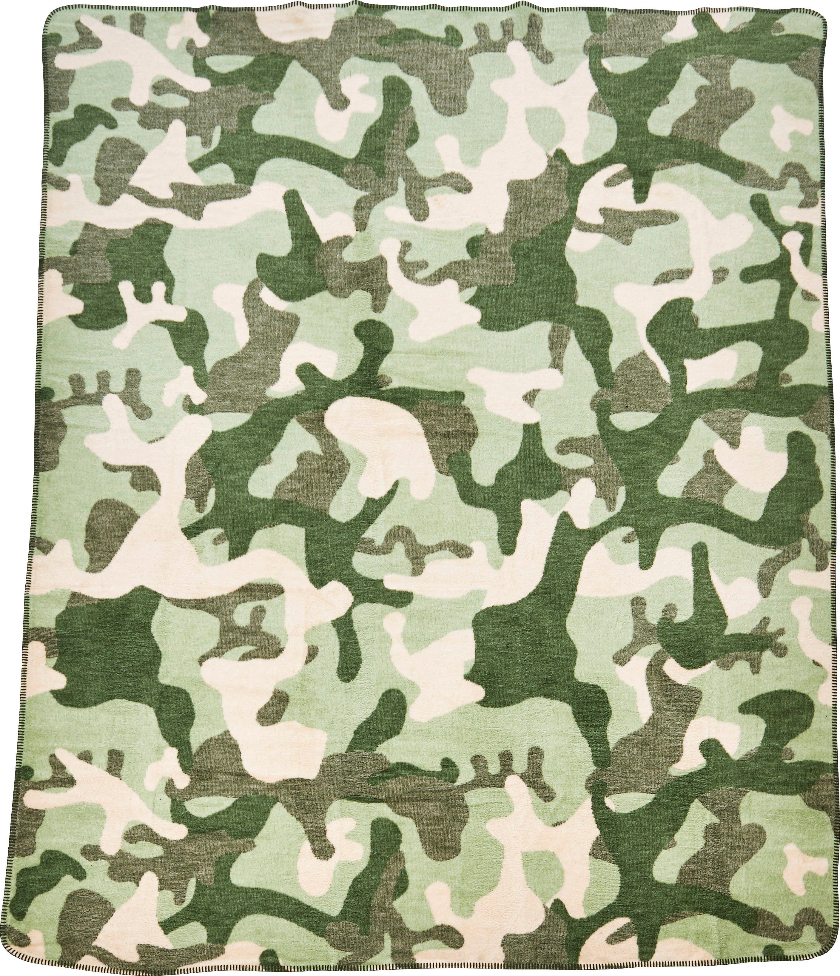 Wohndecke Camouflage, done.®, Wohndecke mit einfassender Ziernaht, Kuscheldecke khaki/grün/beige | Baumwolldecken
