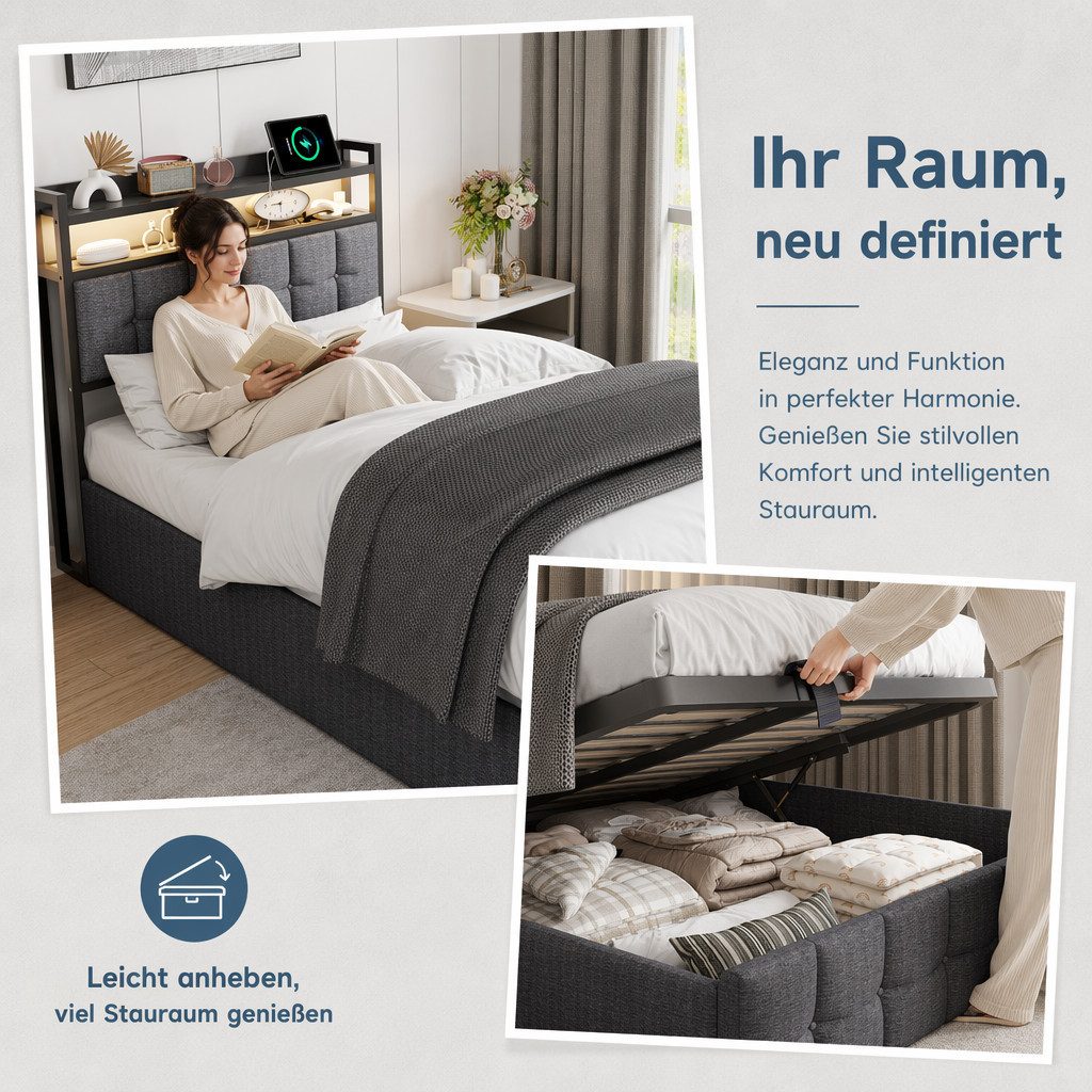 Simurq Polsterbett 90x200 mit Bettkasten, Einzelbett, Jugendbett, Bettgestell (1 tlg, ohne Matratze, Mit Lattenrost), Kopfteil mit Ablagefach, Mit Lattenrost, U – Bild 2 von 5