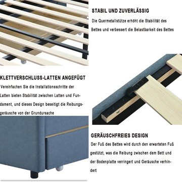 Merax Polsterbett 140x200 cm mit 4 Schubladen, Lattenrost und Rückenlehne, Funktionsbett, Doppelbett aus Leinen