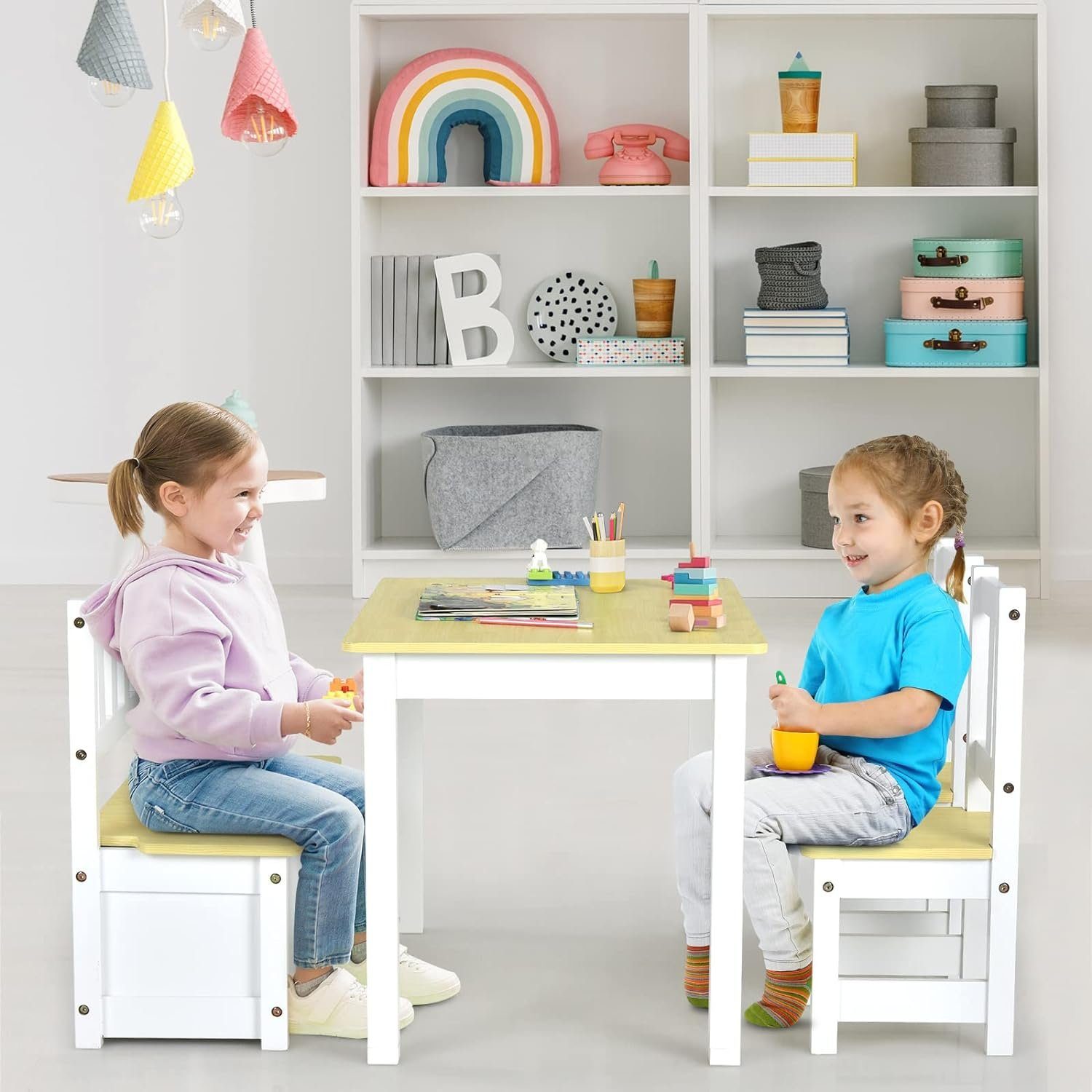 KOMFOTTEU Kindersitzgruppe 4 TLG., (Set), Stühle und 2 natur Tisch