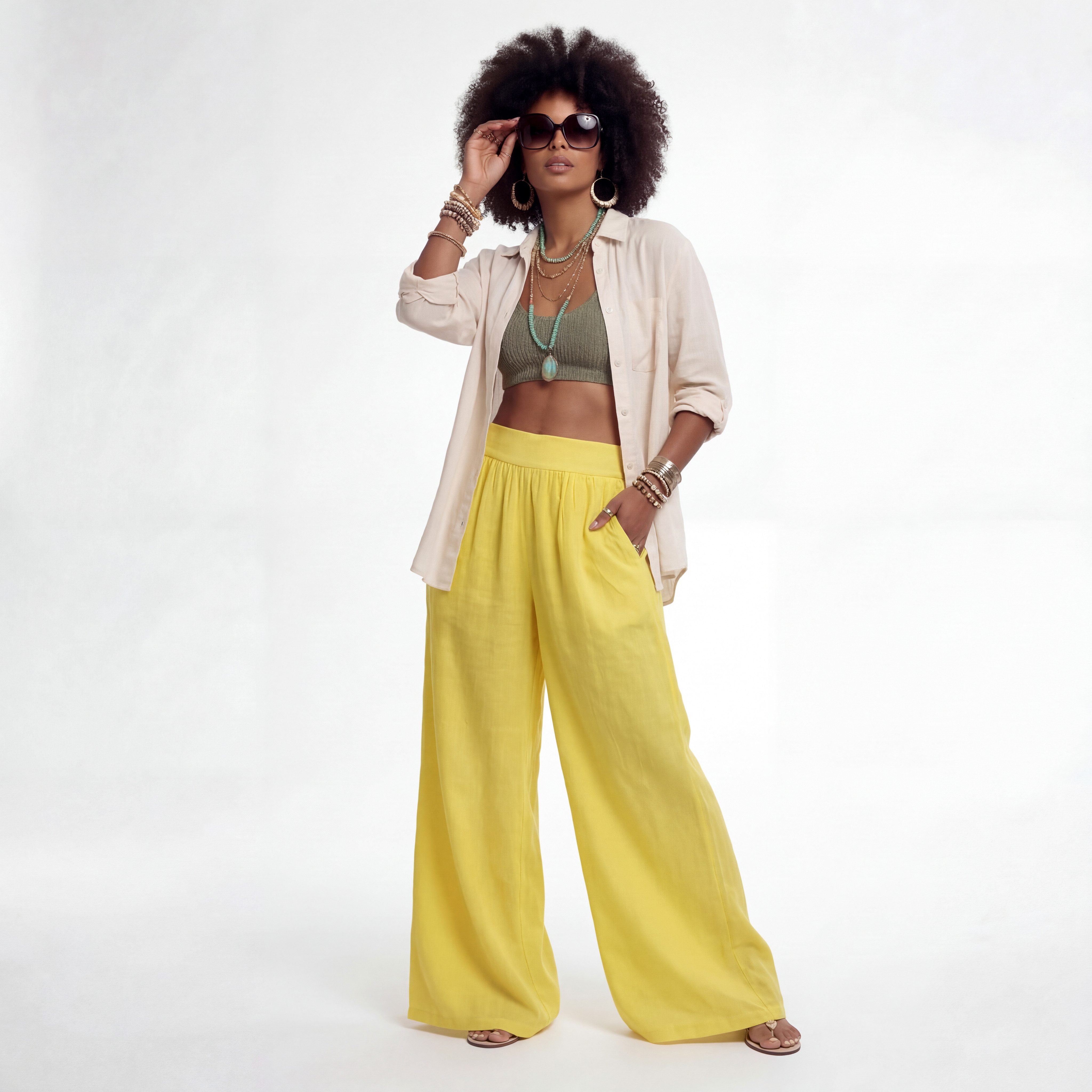 YC Fashion & Style Leinenhose Palazzo Hose weit – Sommerhose mit elastischem Bund und Taschen in Unifarbe