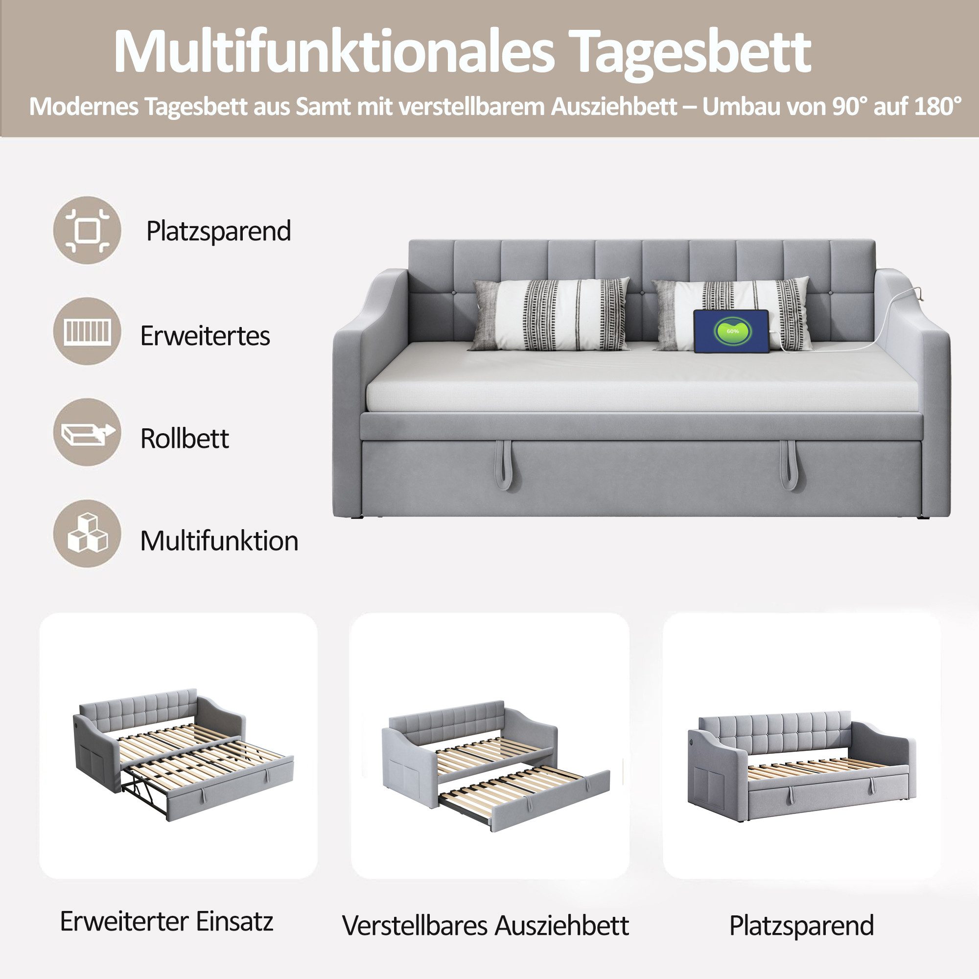 OKWISH Bett Polsterbett Ausziehbares Schlafsofa (Tagesbett Daybett 90/180 cm mit USB-Anschluss, Stauraum & Samtbezug, Platzsparendes Ausziehbett, für Wohnzimmer & Gästezimmer 90/180*190cm), ohne Matratze