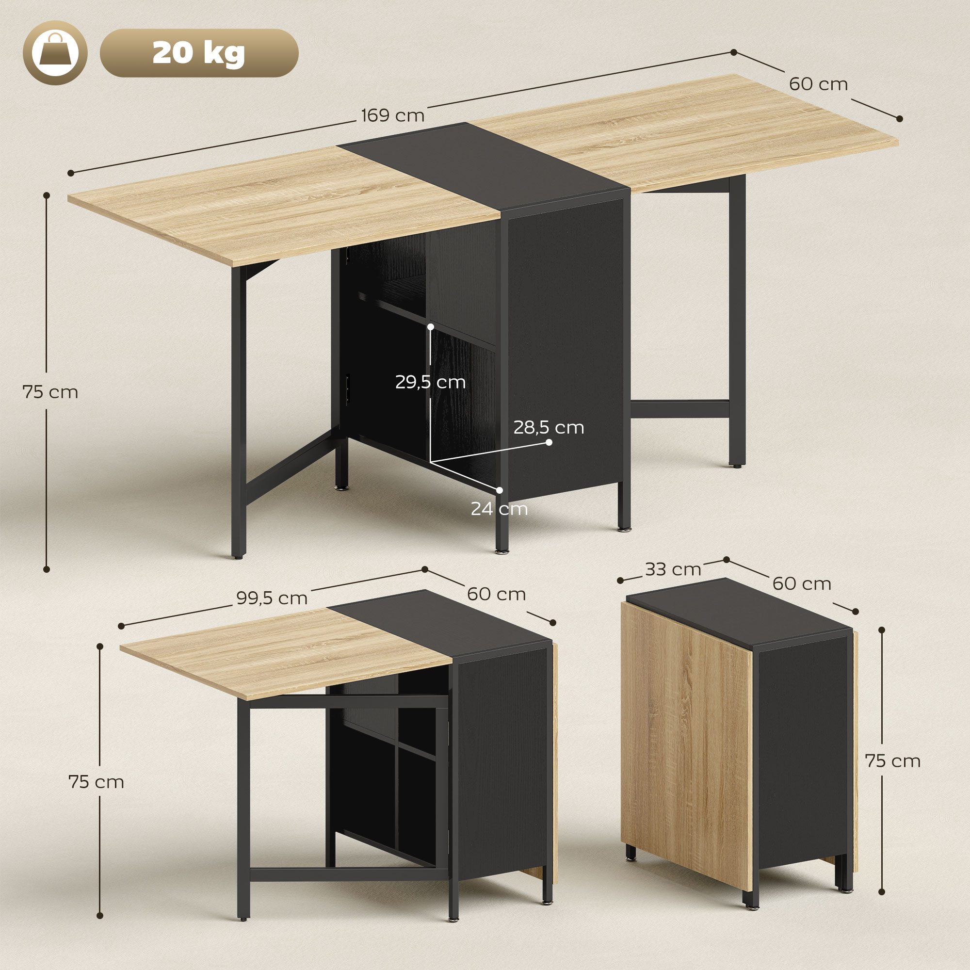 HOMCOM Klapptisch Klappbar Küchentisch mit Offenen Ablage, platzsparend (Esszimmertisch, 1-St., Esstisch), Dunkelholzfarbe+Schwarz 169 x 60 x 75 cm – Bild 3 von 5