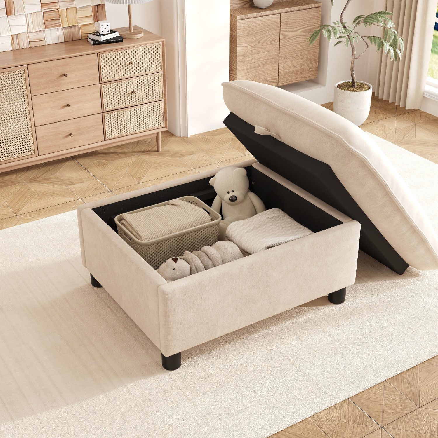 ANYSUN Polsterhocker Sitzhocker mit Stauraum,Chenille,Taschenfederkern,Ottomane,98×65×48 cm (1 St), Fußhocker,bis 150 kg belastbar,8 cm Füße für Wohnzimmer & Schlafzimmer